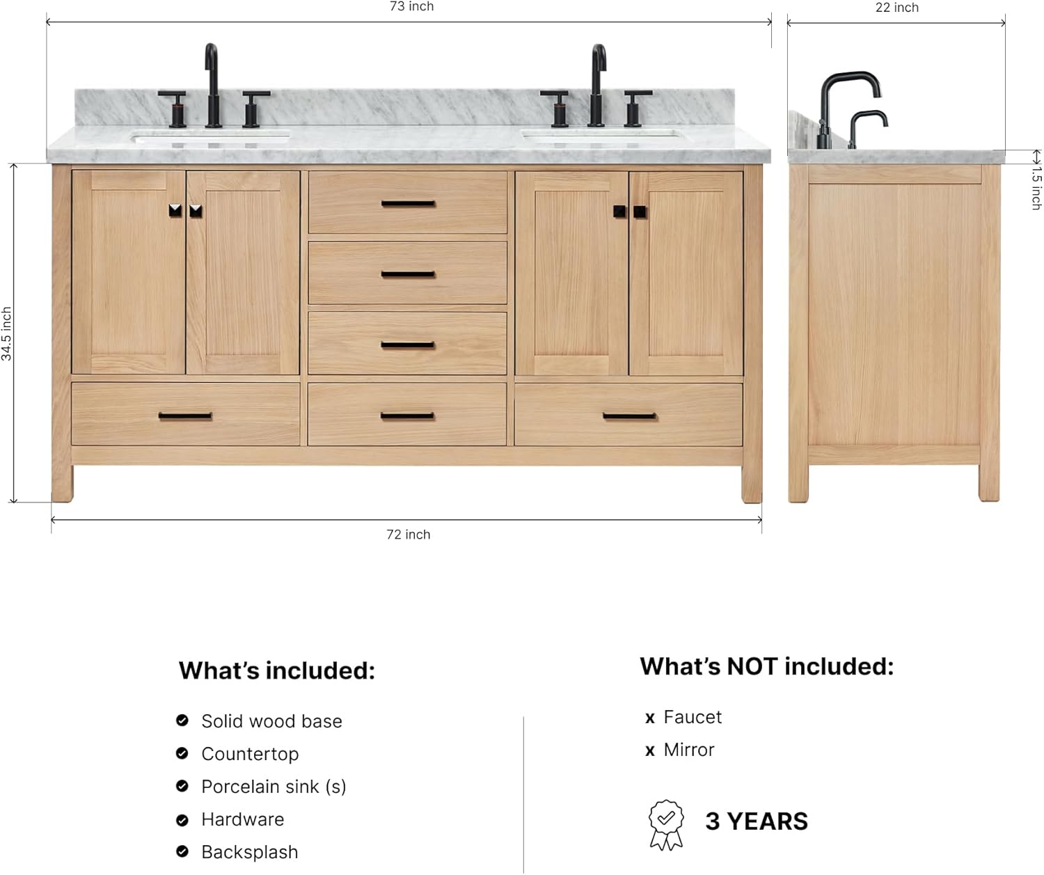 ARIEL Cambridge 72-inch Bathroom Vanity with Sink,Solid Wood, 1.5-inch Italian Carrara Marble Countertop, Double Rectangular Porcelain Sink, 4 Soft Closing Doors, 6 Dovetail Drawers, White Oak