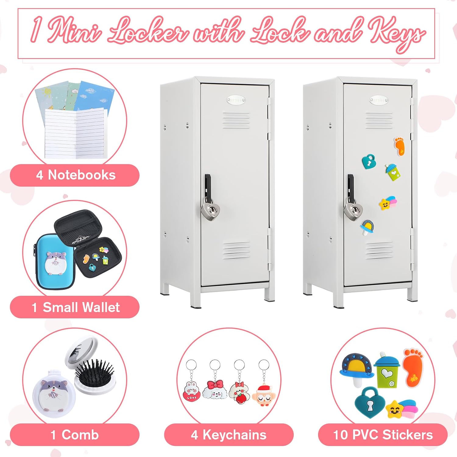 Vercraft 12 Pcs Mini Locker 10.8 Inch Miniature Storage with Lock and 2 Keys Small Cute Functional Locker for Desktop Bedroom Home Office(White,Animal)