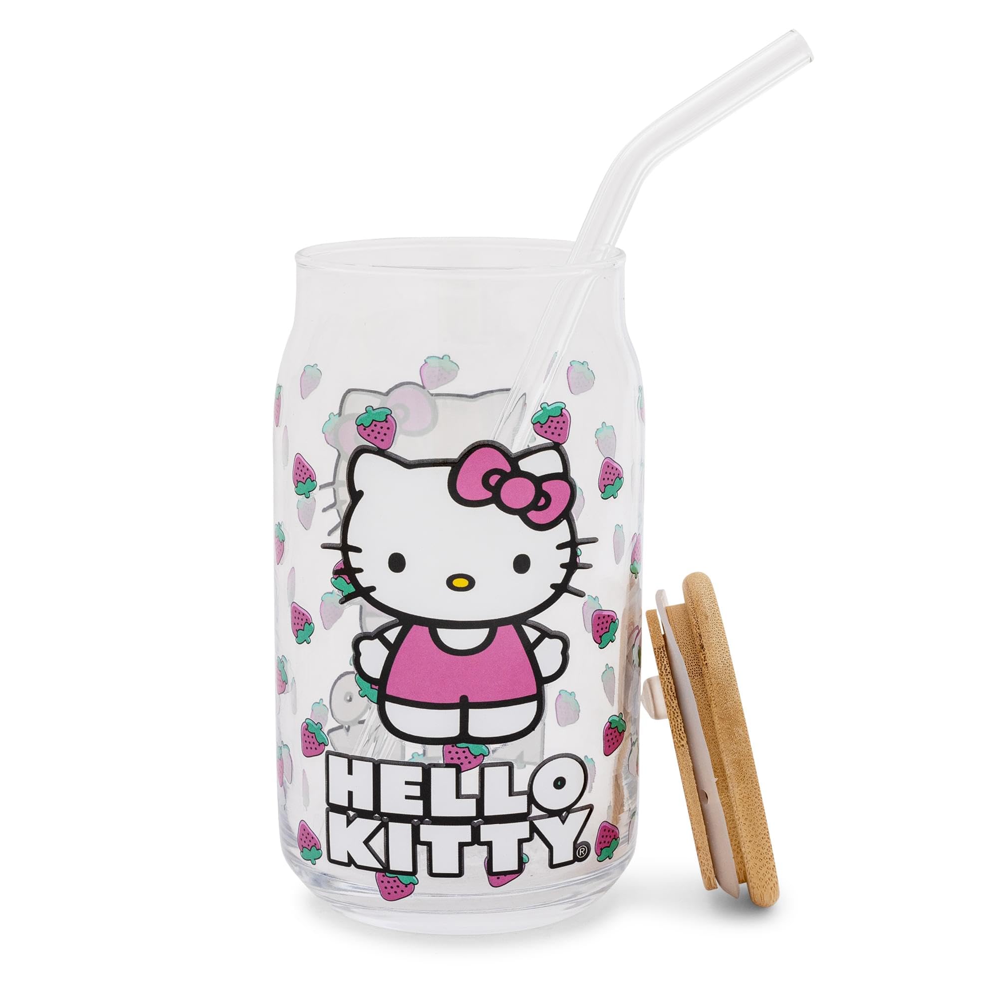 Silver Buffalo Hello Kitty Strawberry Toss Glass Tumbler w Bamboo Lid and Glass Straw, 16 Ounces