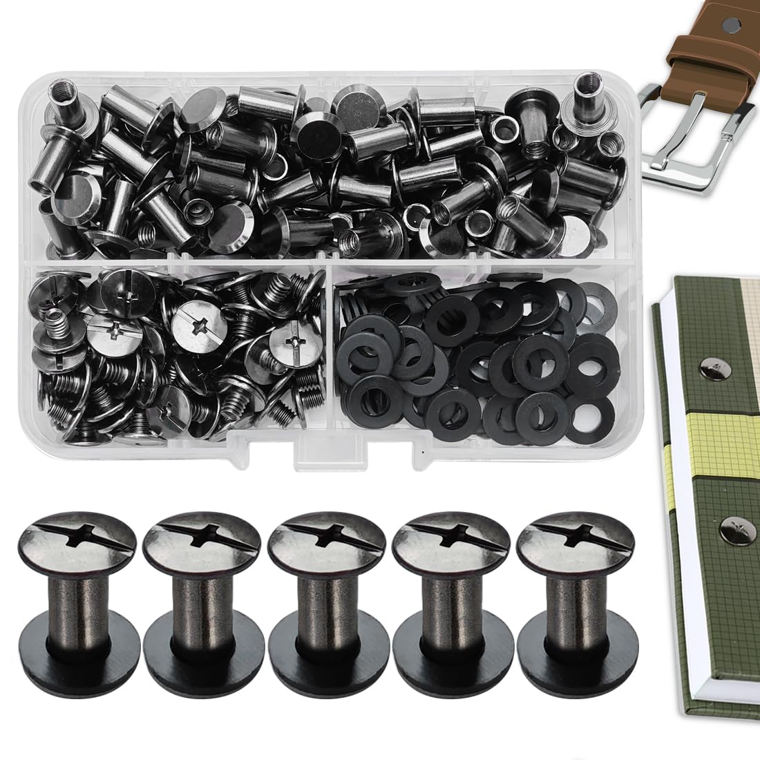 SHSMPXOY 80 Sätze Chicago Buchschrauben Edelstahl M5*10mm Chicago Schrauben Buchbinderschrauben Schraubnieten für Leder,Taschen,Bücher,Halsbänder, Rucksäcke,Hundeleinen (Schwarz Glänzend)