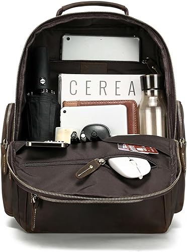 Miniatura 7 de Taertii Mochila vintage de cuero de grano completo para hombre mochila para laptop de 16 pulgadas mochila de viaje para senderismo mochila de 32 L