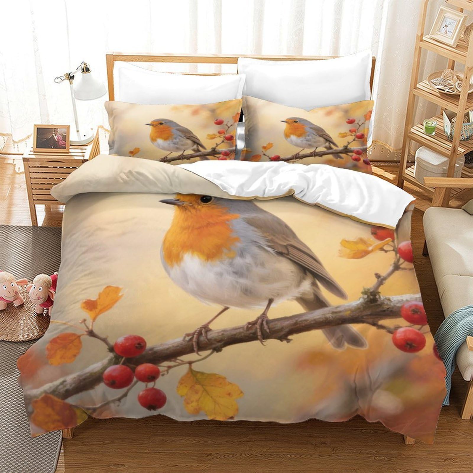 YYVKPMLXC Robin Bird Duvet Cover, Bedding Set Autumn Rural Scene 3D Pattern Soft Microfiber Quilt Cover 3pcs, Comforter Cover with Zipper Closure For Kids Boys Teen Bedroom Dorm Double（200x200cm）