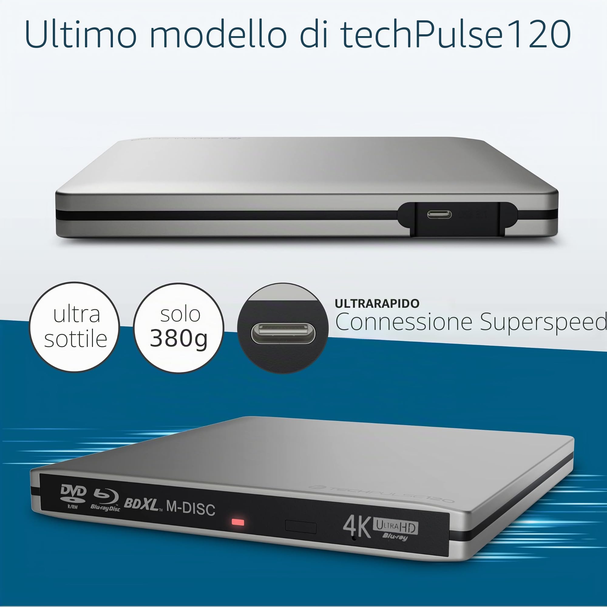 techPulse120 Masterizzatore esterno USB 3.1 USB-C UHD 4k 3D M-DISC Blu-ray DVD CD BDXL HDR10 128GB masterizzatore Burner Superdrive BD Imperator borsa 90 cm cavo alluminio Argento