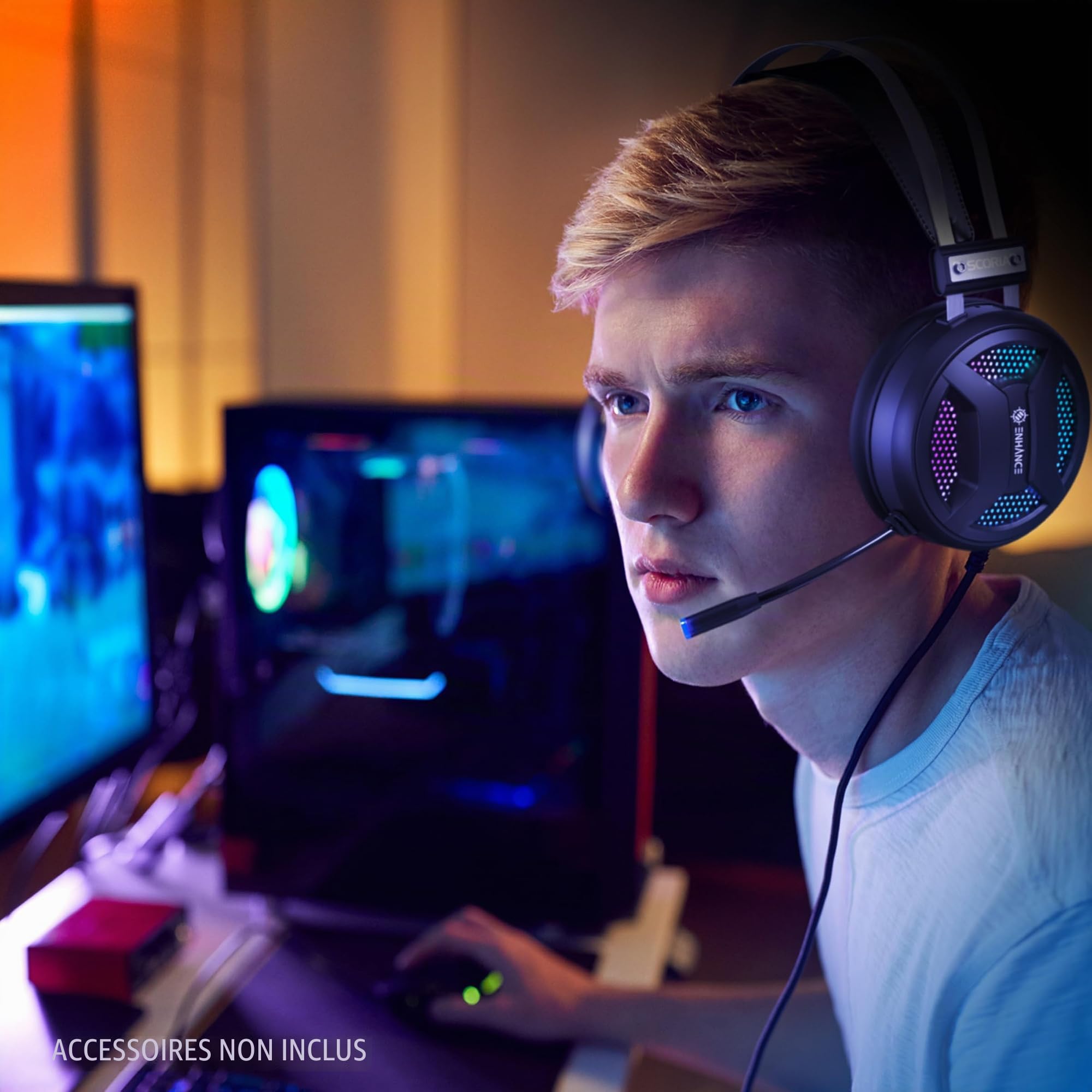 ENHANCE Gaming Scoria 2 Casque Filaire - Casque Gaming avec Son Surround 7.1, Coussinets en Mousse à Mémoire de Forme, Commandes Rapides - Micro Compatible avec PlayStation, PC