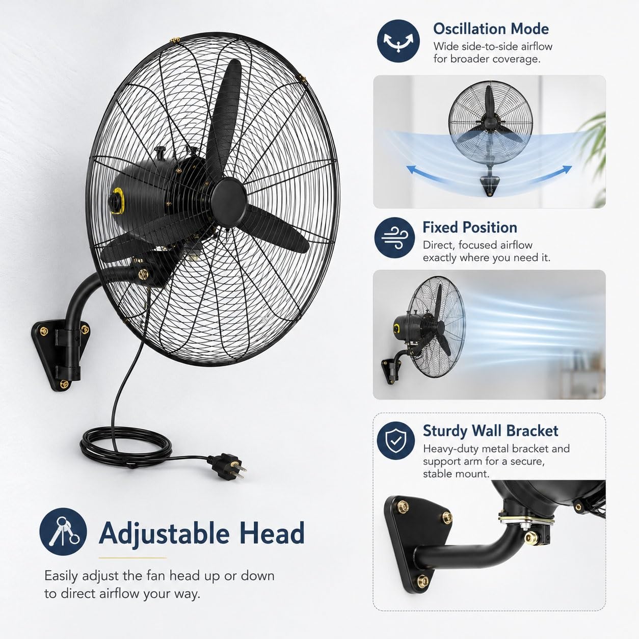 Ventilatore Industriale da Parete 55/70/80 cm, Oscillante, 3 Velocità, Nero | Grande, Motore in rame, metallica, cavo 3 m, per garage, officina, magazzino Palestra e Ristorante(70cm/27inch)