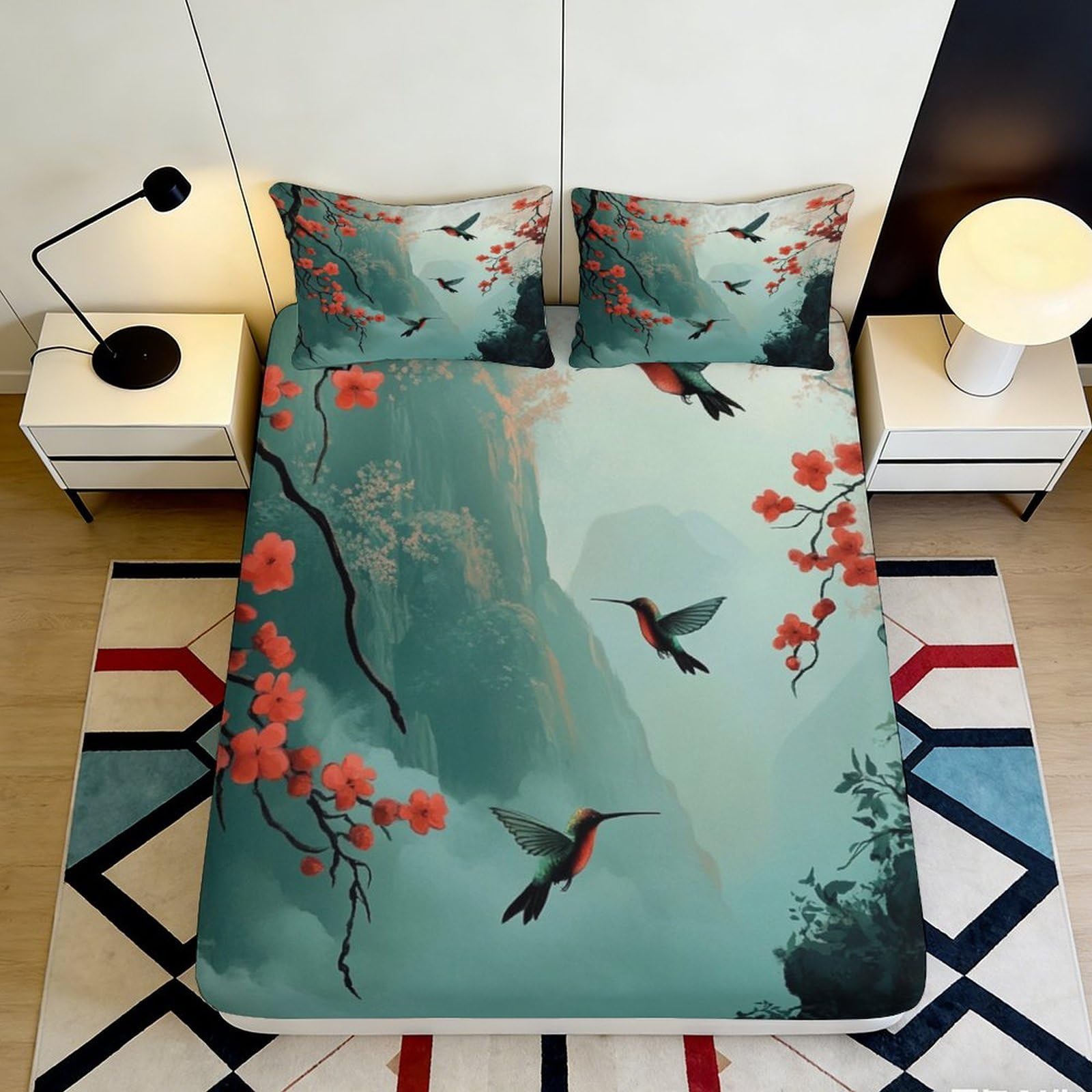 Pnayamiorkfel Style-10 3D Printed Hummingbird Blossom Fitted Sheet Microfiber Soft Floral Mountain Bed Cover For Bedroom Guest Room Decor 90X200x25cm