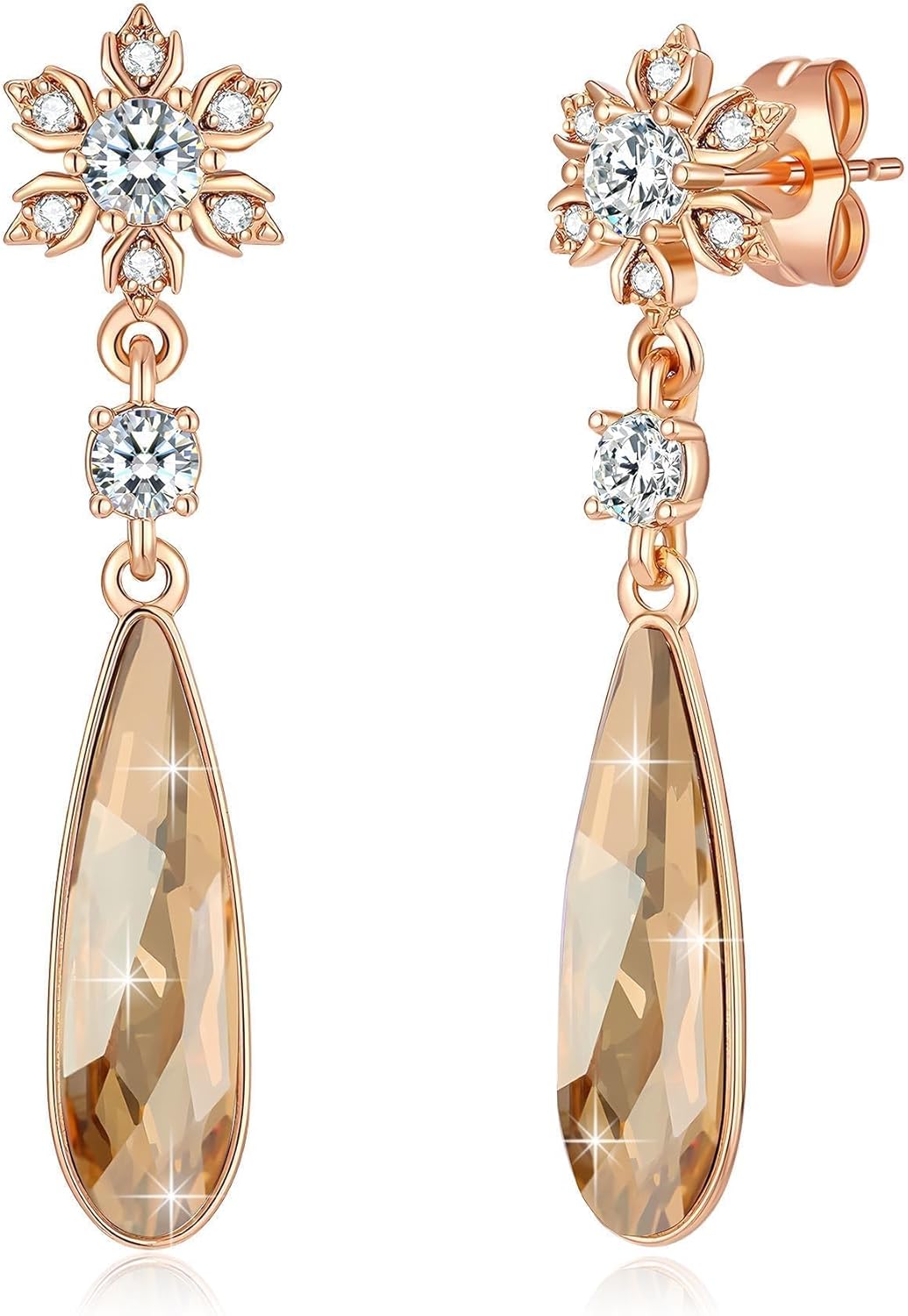 Austrian Crystal Teardrop Earrings Flower Dangle Earrings for Women 14K Gold Plated Drop Stud Earrings Hypoallergenic Jewelry