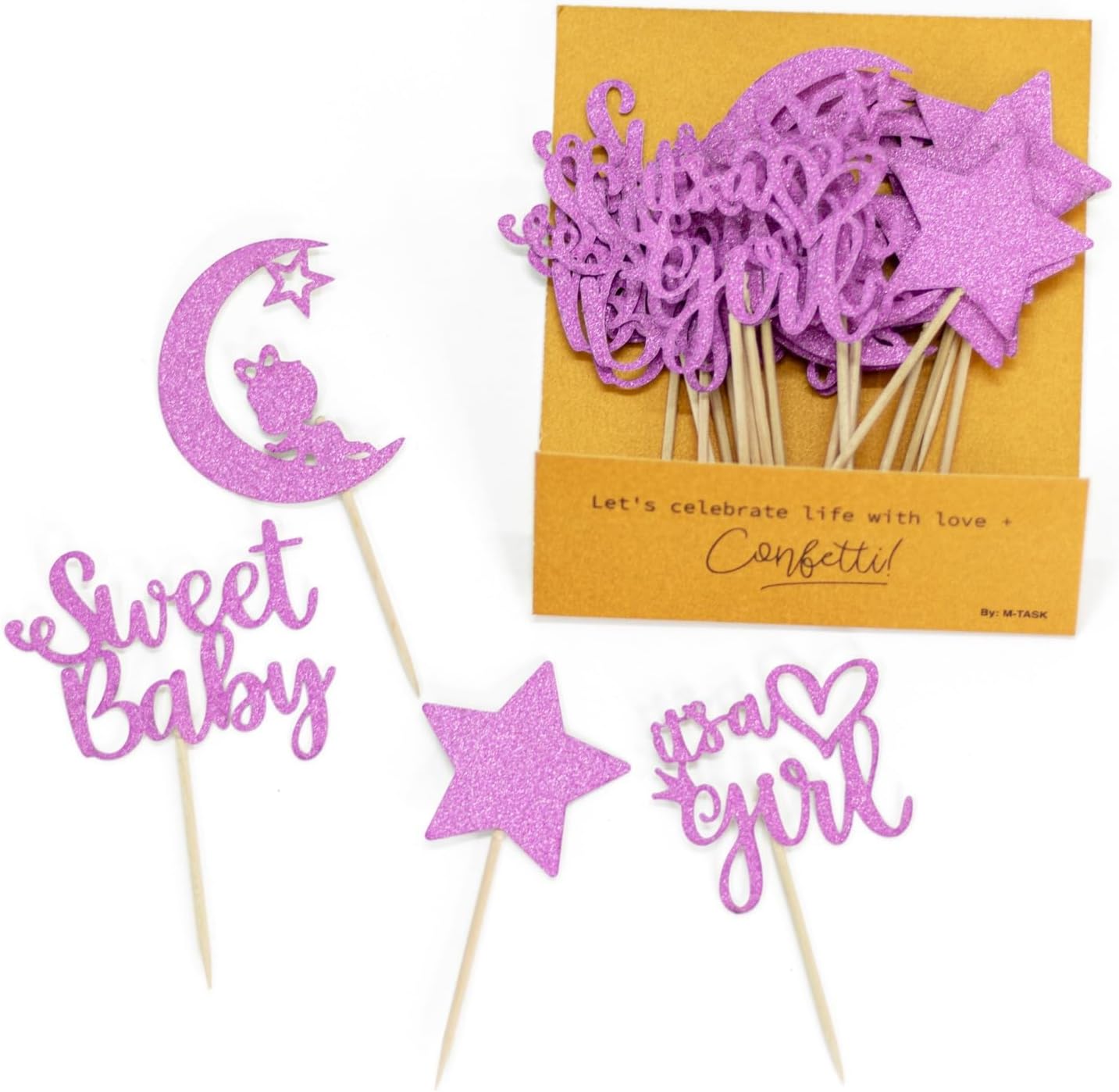 Confetti! 24 PCS Baby Shower Girl Cupcake Toppers with Moon Glitter Star Sweet Baby Girl Cupcake Picks Baby Shower Kids Girl Birthday Party Cake Decorations Supplies Pink/Light Purple