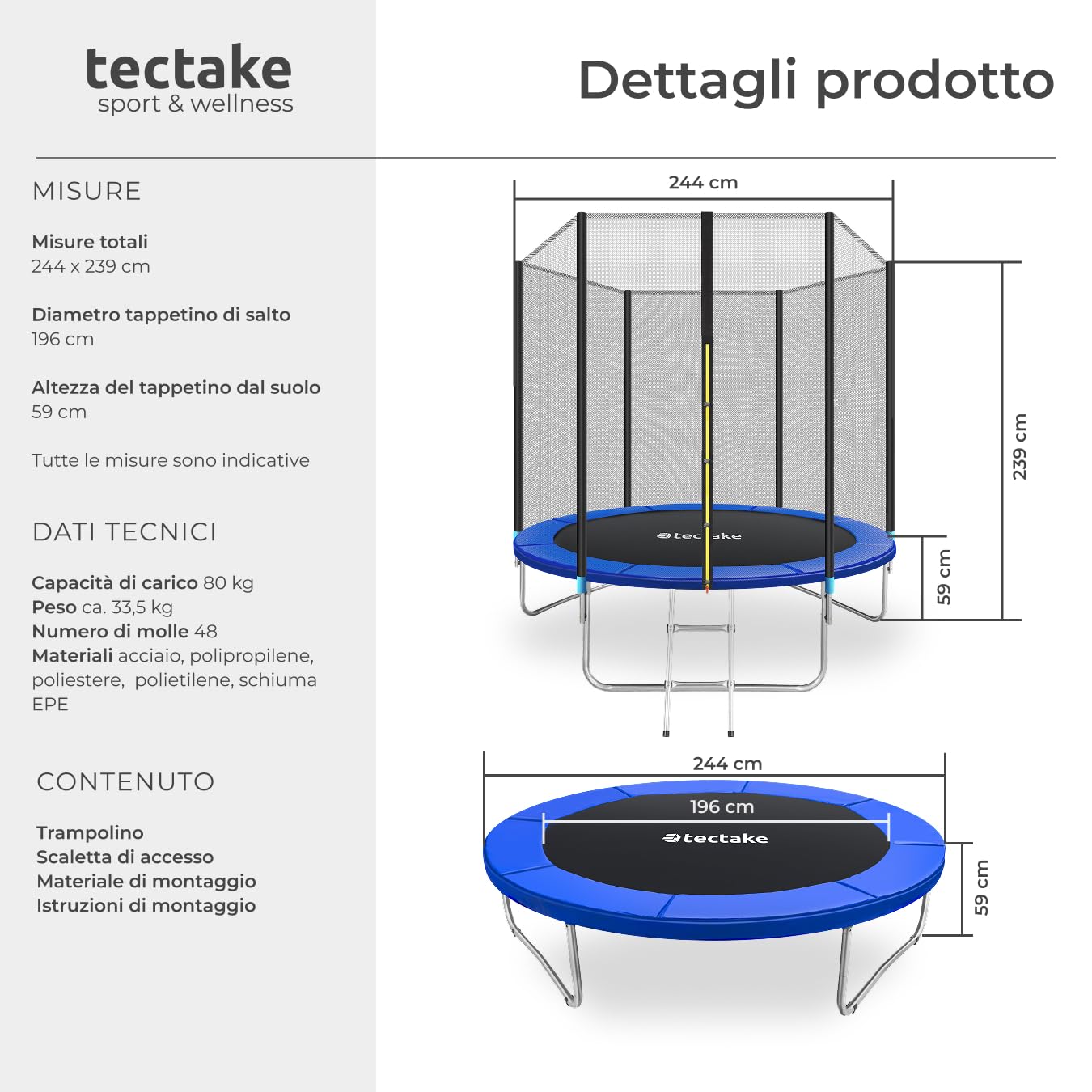 tectake® Trampolino Elastico per Bambini e Adulti da Giardino Ø 244/305/366/396/427/457 cm, Certificato GS, Rete di Sicurezza per Bambini e Scaletta, Trampolino Fitness e Sport, Bordo Imbottito