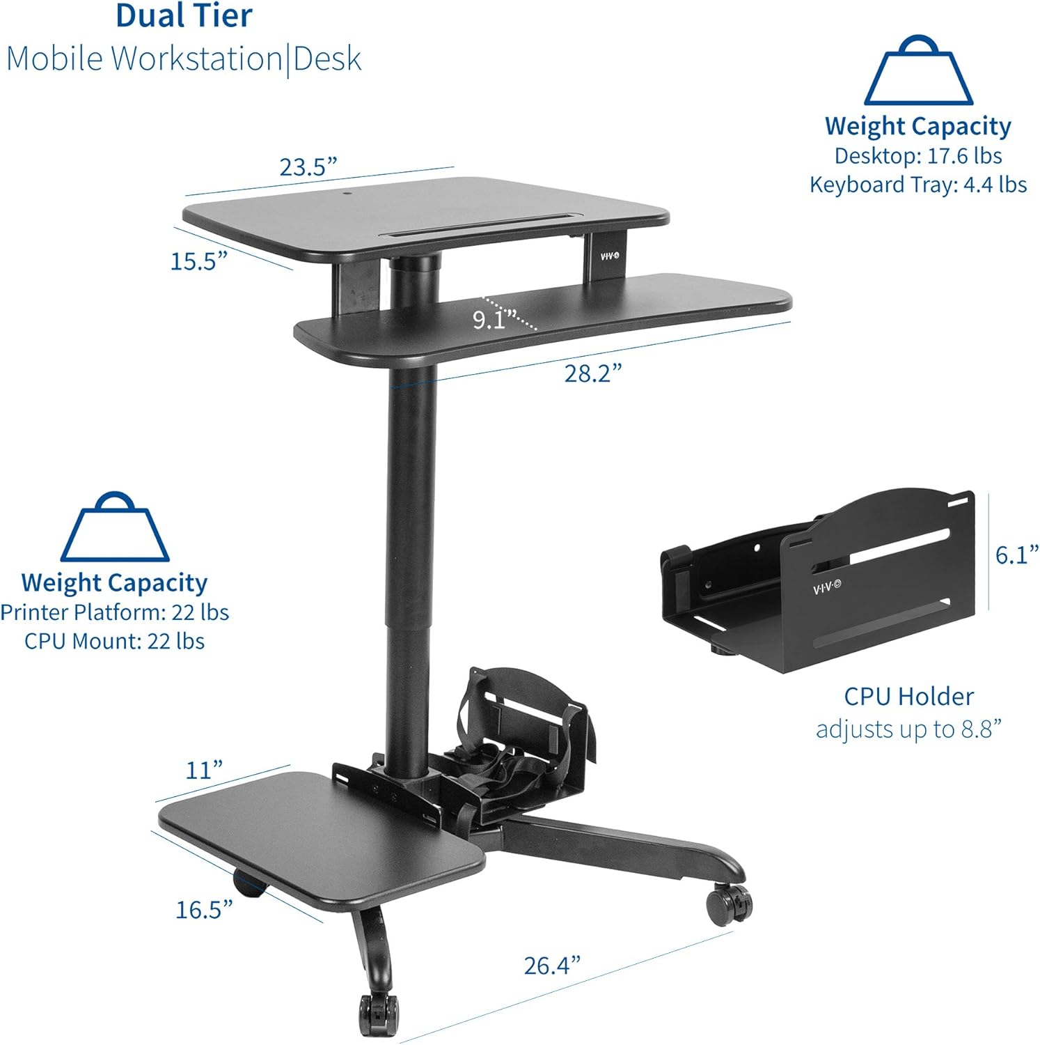 VIVO Rolling Dual Tier 24 inch Sit to Stand Mobile Computer Workstation with Printer and PC Platform, Height Adjustable Desk Presentation Cart, Black, CART-PC02HB : Office Products