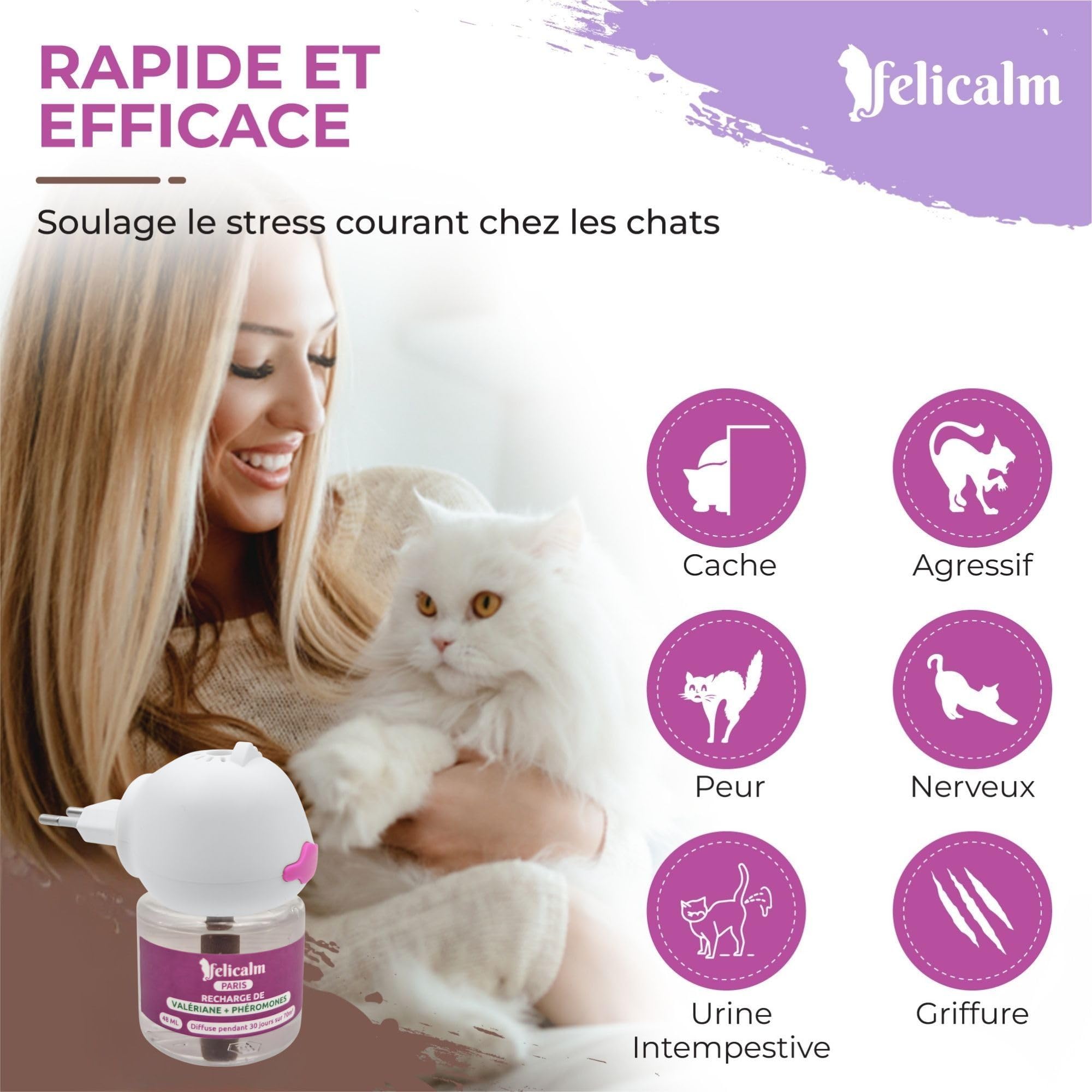 Diffuseur Chat Valériane + Phéromones sans Odeur- Double Action Apaisante, 2 Recharges 60 J de Calme