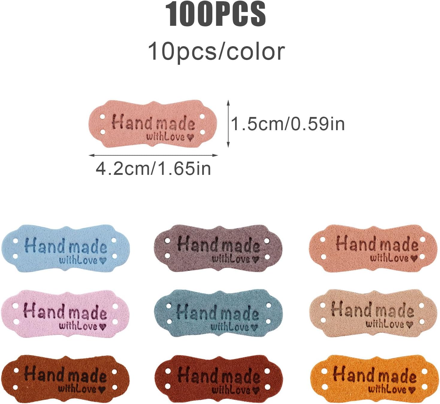 SAVITA 50pcs Handmade Leather Labels, Microfiber Colorful Leather Labels with Love Hearts Handmade Embossed Crochet Tags with Holes for Crafts Knitting Sewing Hats Purses Clothing (10 Colors)