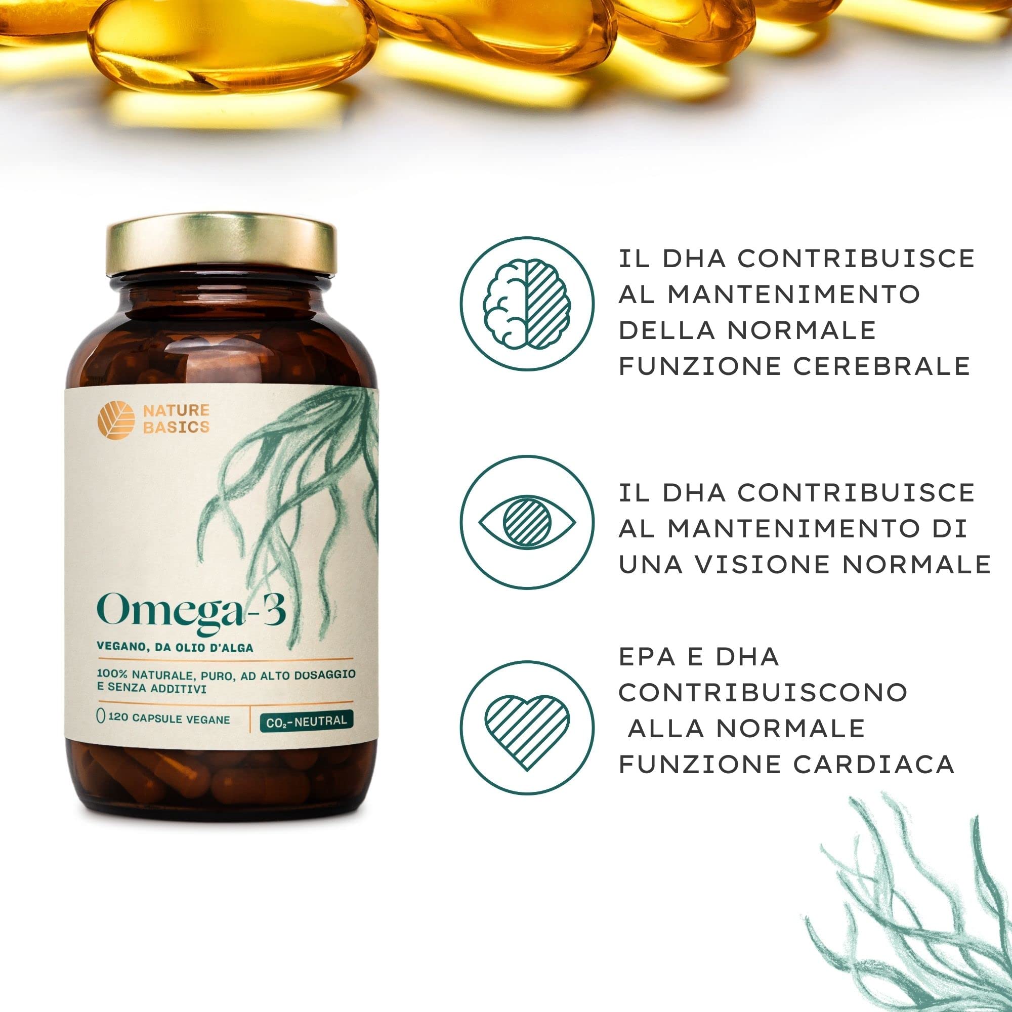 Nature Basics® Algae Oil Omega 3 vegan | 120(!) capsule altamente dosate in un barattolo | Per capsula naturale 455mg con 30% DHA & 15% EPA