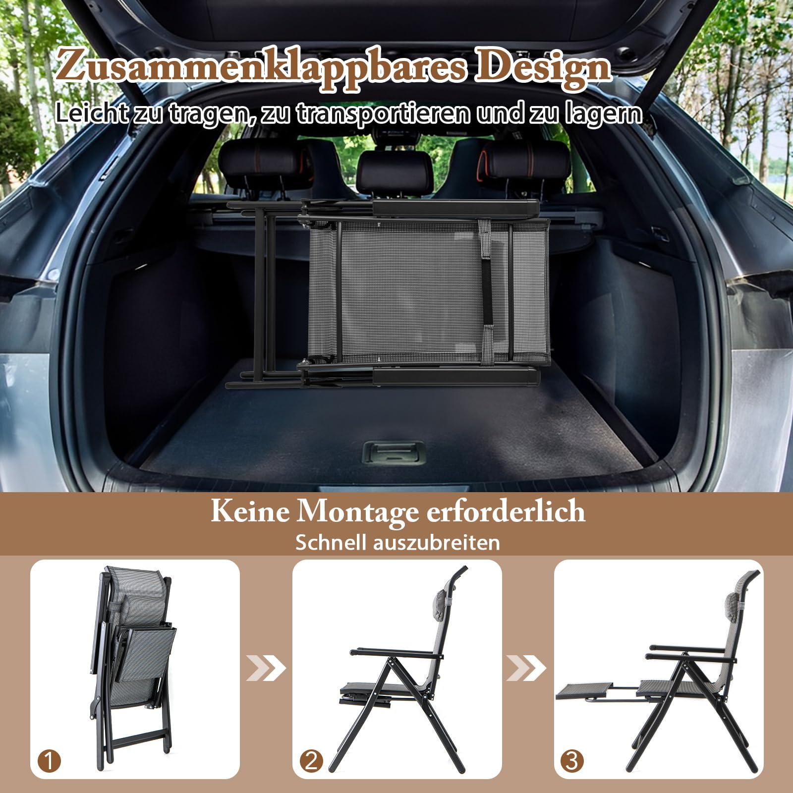 COSTWAY Gartenstuhl mit ausziehbarer Fußstütze, Hochlehner Klappstuhl mit 10-Fach Verstellbarer Rückenlehne & Kopfstütze, Balkonstuhl, klappbarer Terrassenstuhl für Garten, Balkon, Terrasse