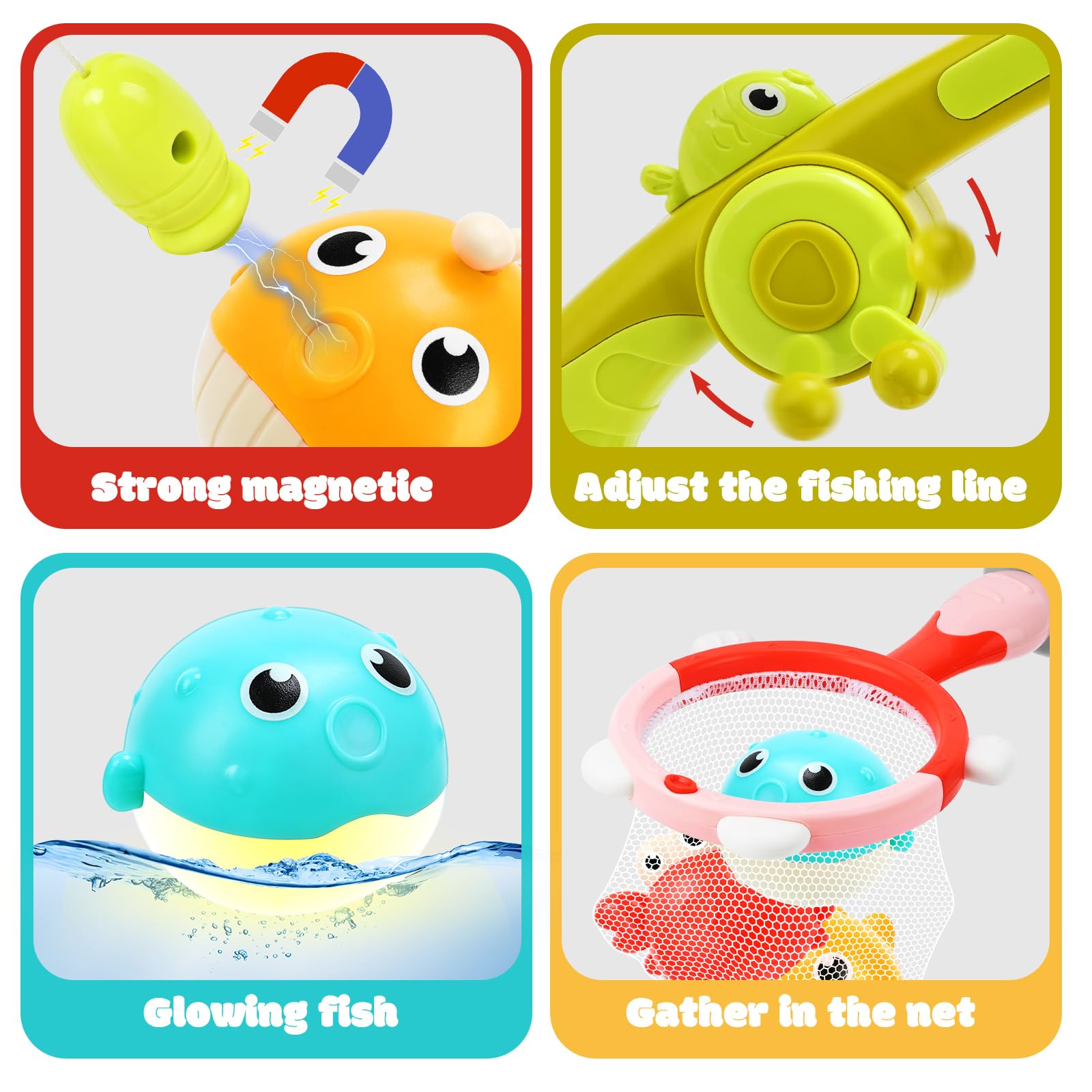 Toddlers Bath Toys for Kids Ages 1-3,7PCS Mold Free Swimming Bathtub Toy Set(Floating Light Up 1 Crab and 4 Fish,Thick Fishing Rod and Net), Magnetic Fishing Game Gifts for Boys Girls 1 2 3 4 5 6