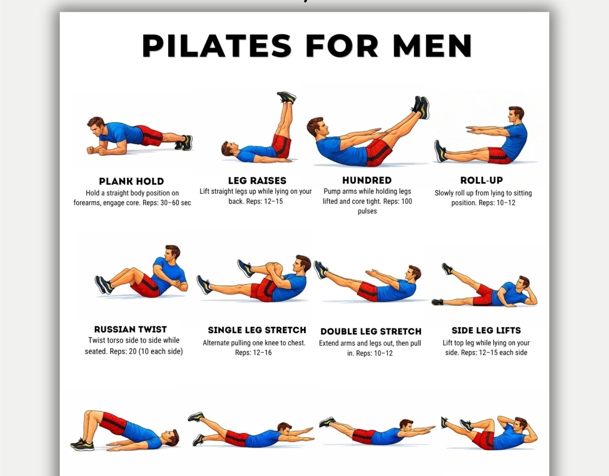 REIUAFWYGV Home Pilates Exercise Chart for Men and Women Low Impact High Results Core Workout Plan