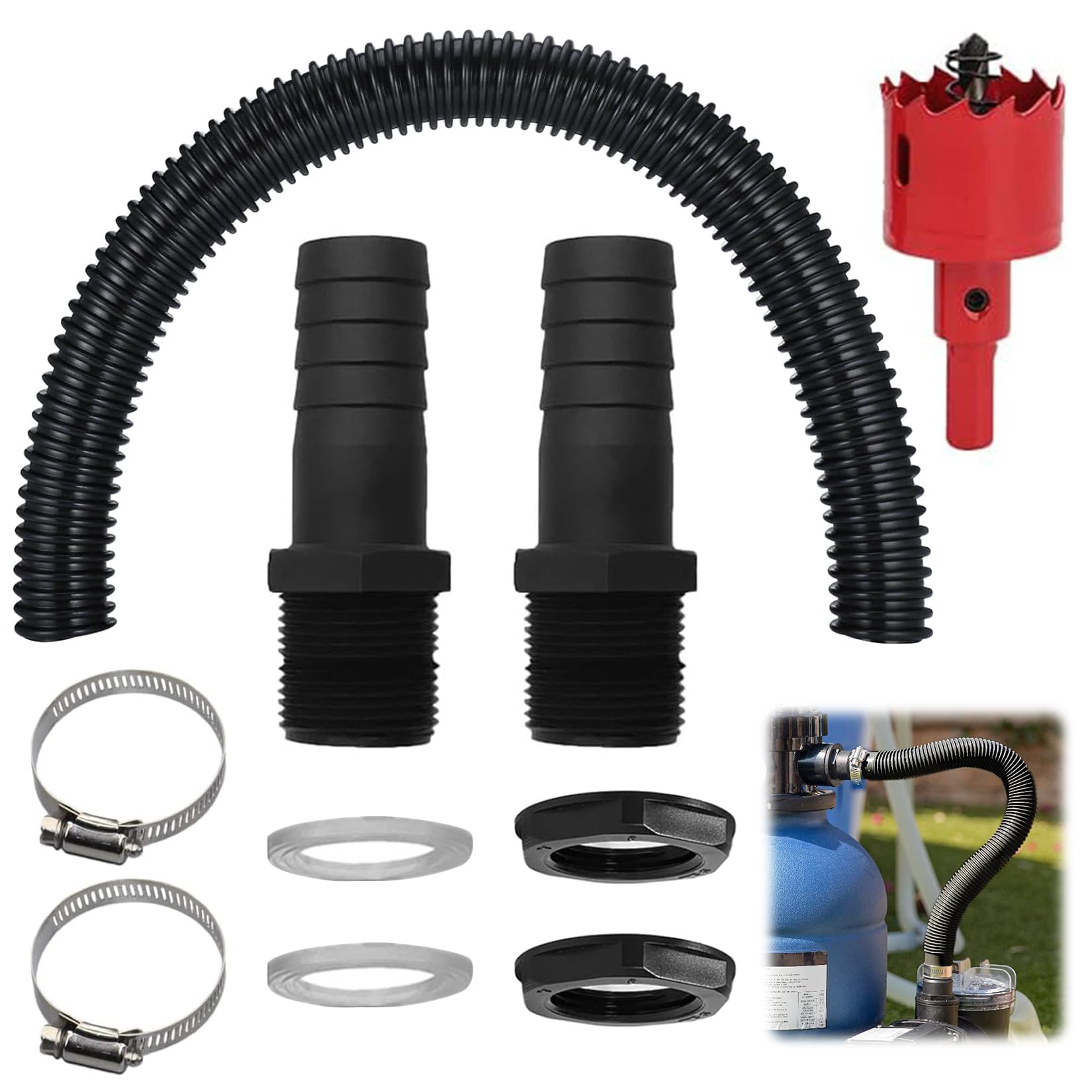 Keaistar Water Butt Connector Set, 1 Inch (25 mm) Water Butt Connection Set with 1 m Connection Hose / 2 Hose Connectors 25 mm with Lock Nut / Tapper for Rain Butt / Rain Collector