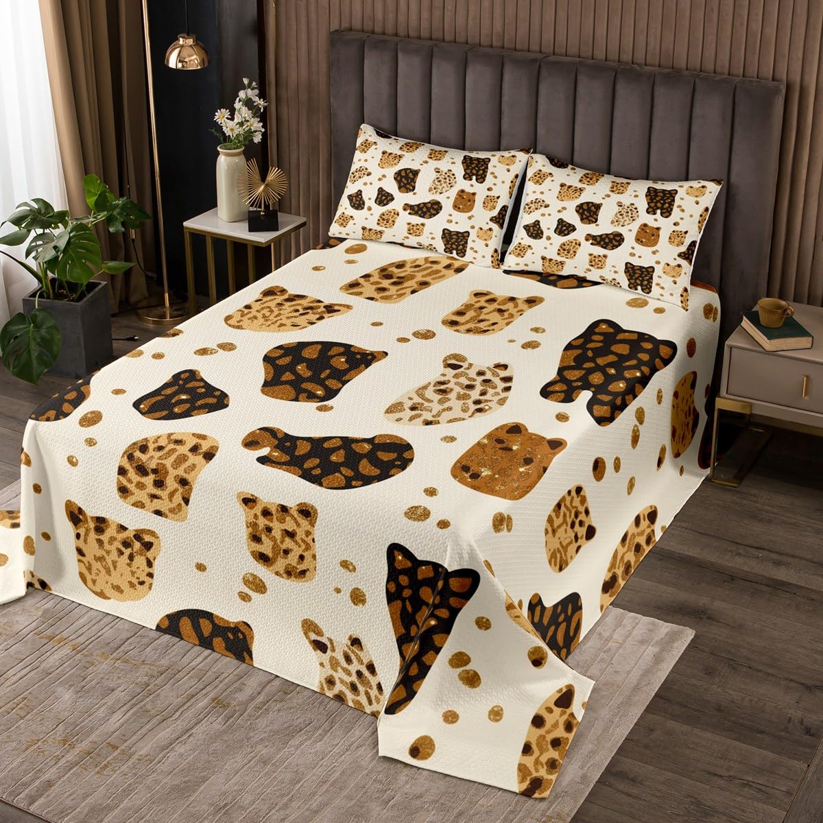 jejeloiu Boys Girls Leopard Coverlet Set King Size, Cheetah Bedspread Kids Animal Print Quilted Coverlet Teens Bedroom Decor with 2 Pillow Case