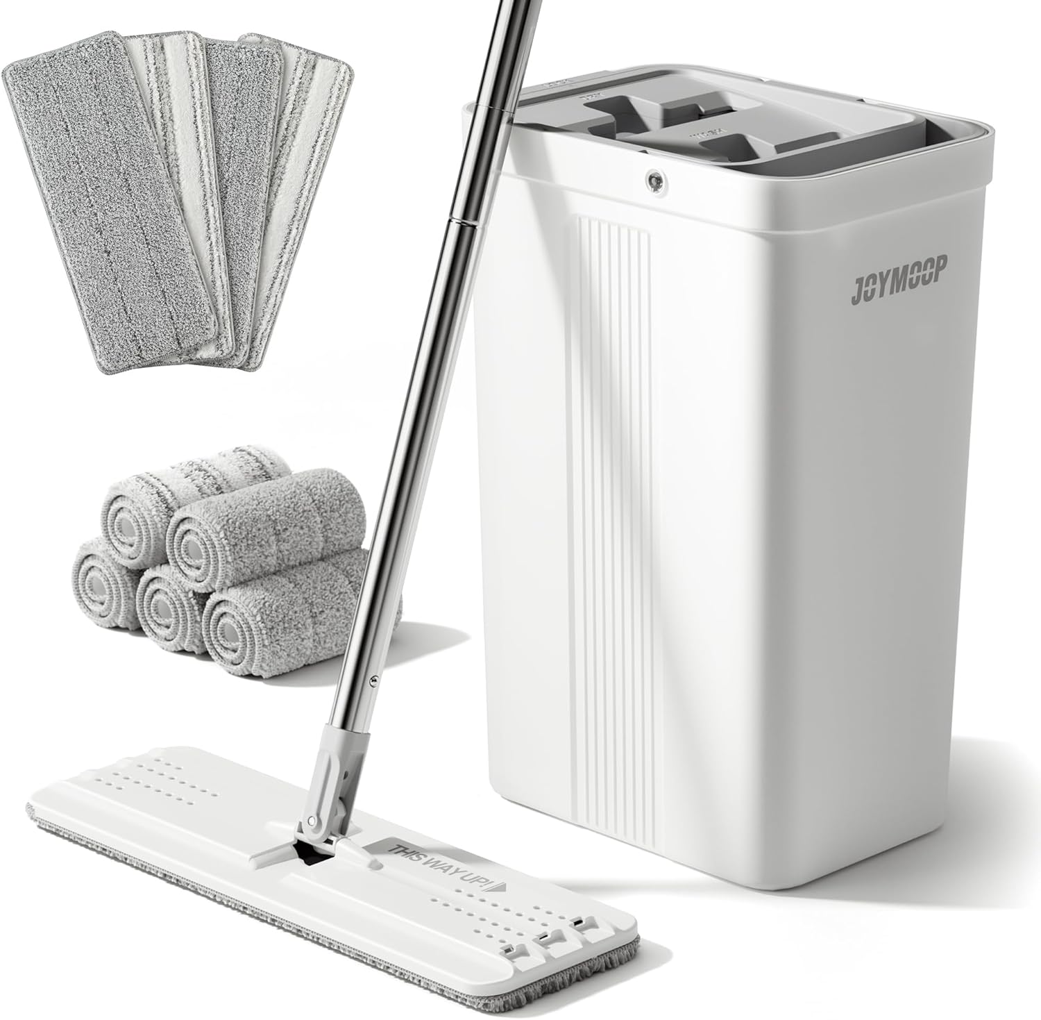 JOYMOOP Mop and Bucket with Wringer Set with 50" Mop Handle with Flexible 13" Flat Head with 9 pcs Microfiber Mop Pads - White