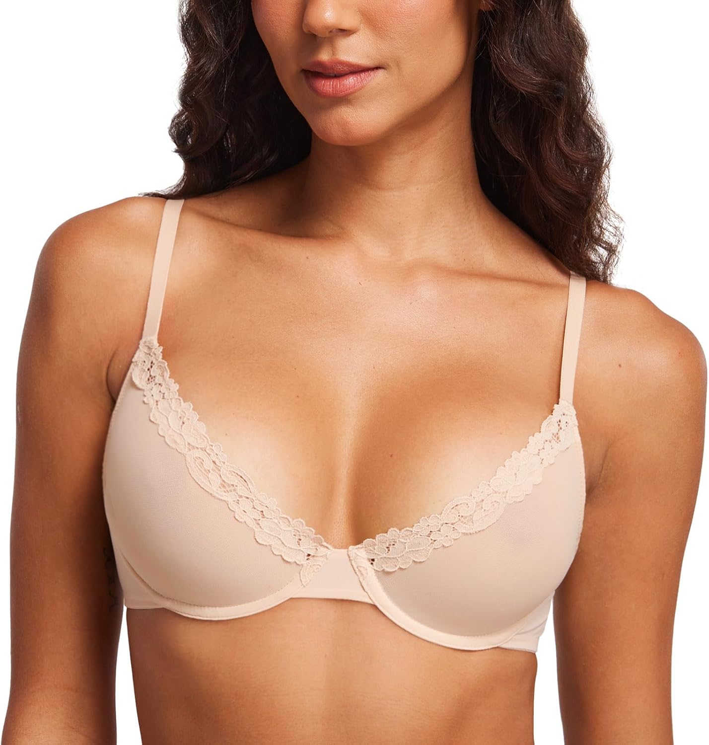 DOBREVA Women's Mesh Balconette Bra Sheer Demi Underwire Unlined Sexy Plus Size Plunge Bras Lace Trim