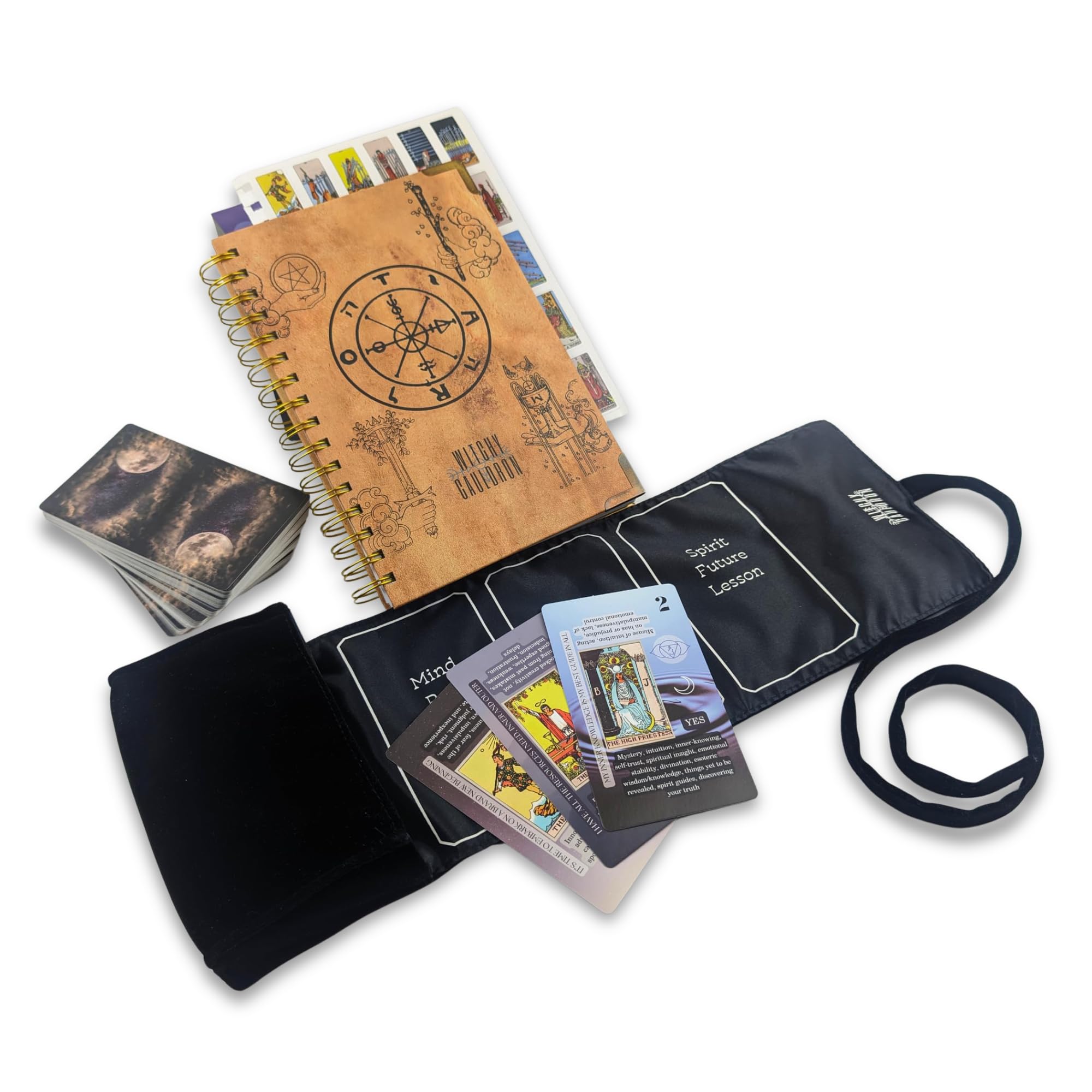 Witchy Cauldron Tarot Cards for Beginners with Guidebook, 78 Card Rider Waite Tarot Deck, Tarot Journal, Satin Tarot Bag