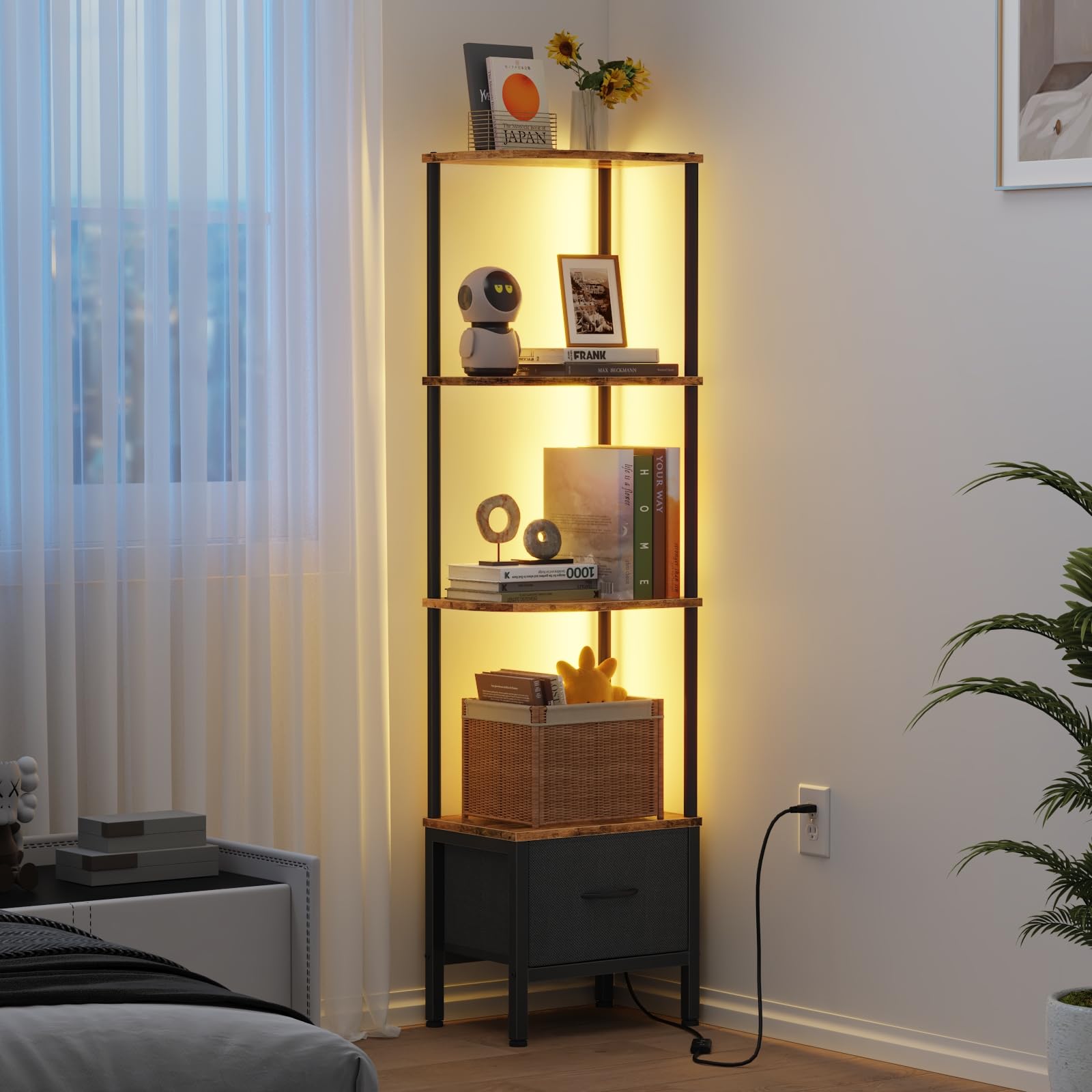 OYRREU Corner Shelf with LED Light & Fabric Drawer - Easy Assembly, 4-Tier Narrow Bookshelf for Small Spaces, Tall Bookcase for Living Room, Bedroom, Dorms & Offices, Retro Brown