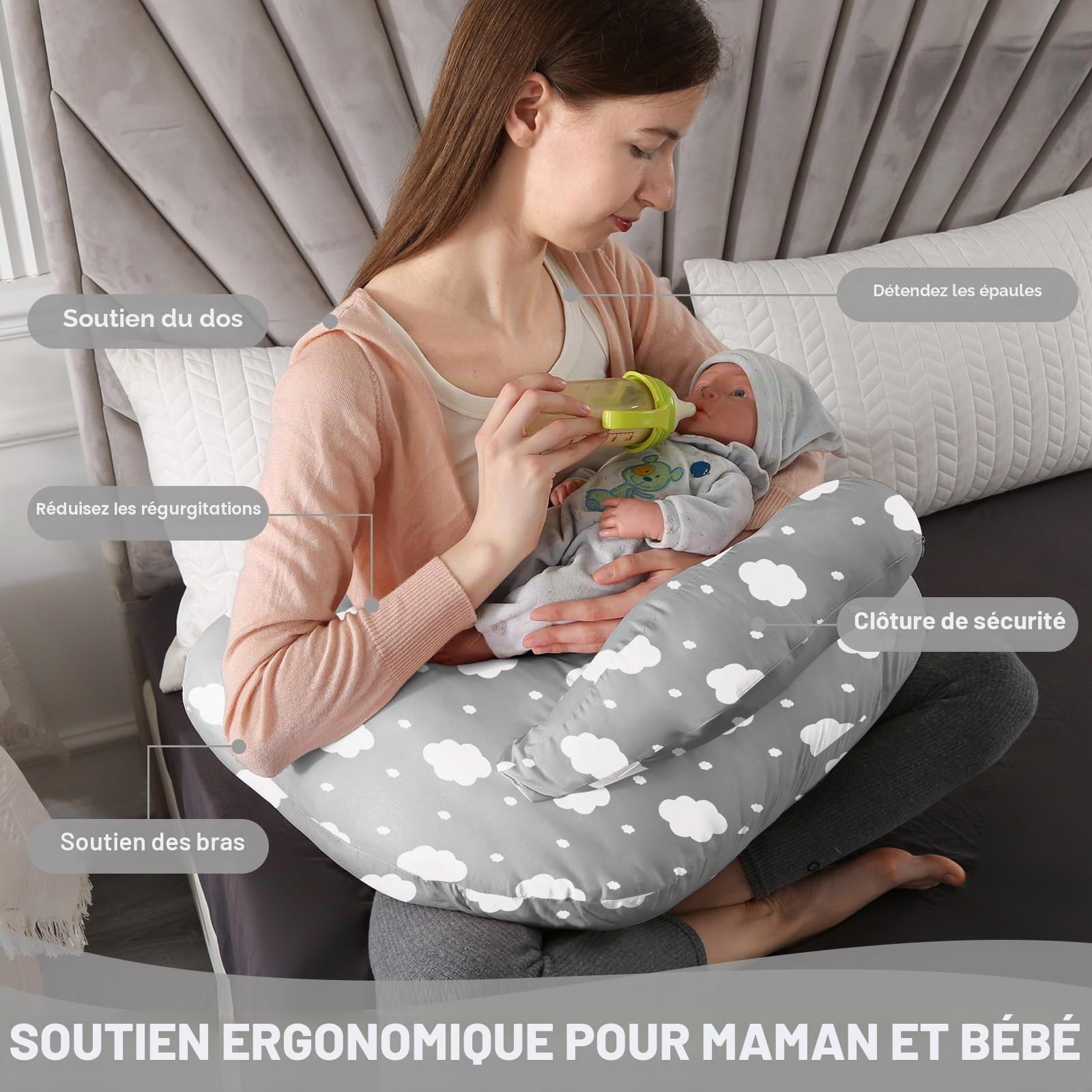 SHANNA Coussin d'allaitement pour Bébé : Coussin d'allaitement 100% Coton, Oreiller De Grossesse en Forme De U, Coussin Ergonomique Multifonction pour Bébé, Cadeau pour Femme Enceinte (Gris Nuage)