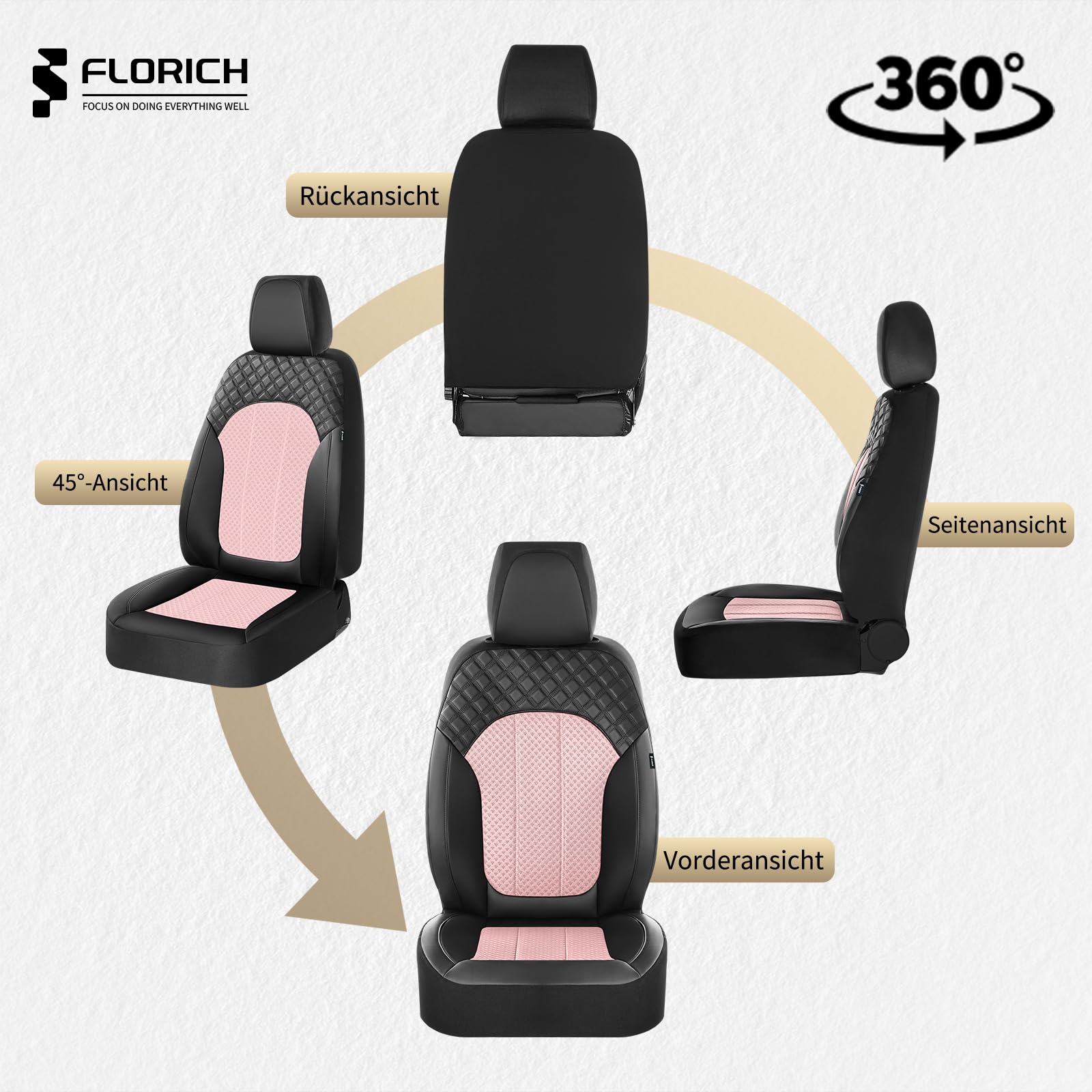 FLORICH Juego Completo Asientos de Coche, Fundas de Cuero Sintético con Malla Transpirable, Fundas Universales aptas para la Mayoría de Turismos, SUV y Camiones (Juego Completo, Negro&Rosa)