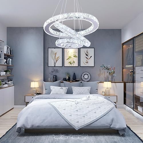 Miniatura 7 de xychfantligh Candelabro LED moderno de 3 anillos de cristal de acero inoxidable ajustable para sala de estar, comedor y dormitorio (6500 K blanco