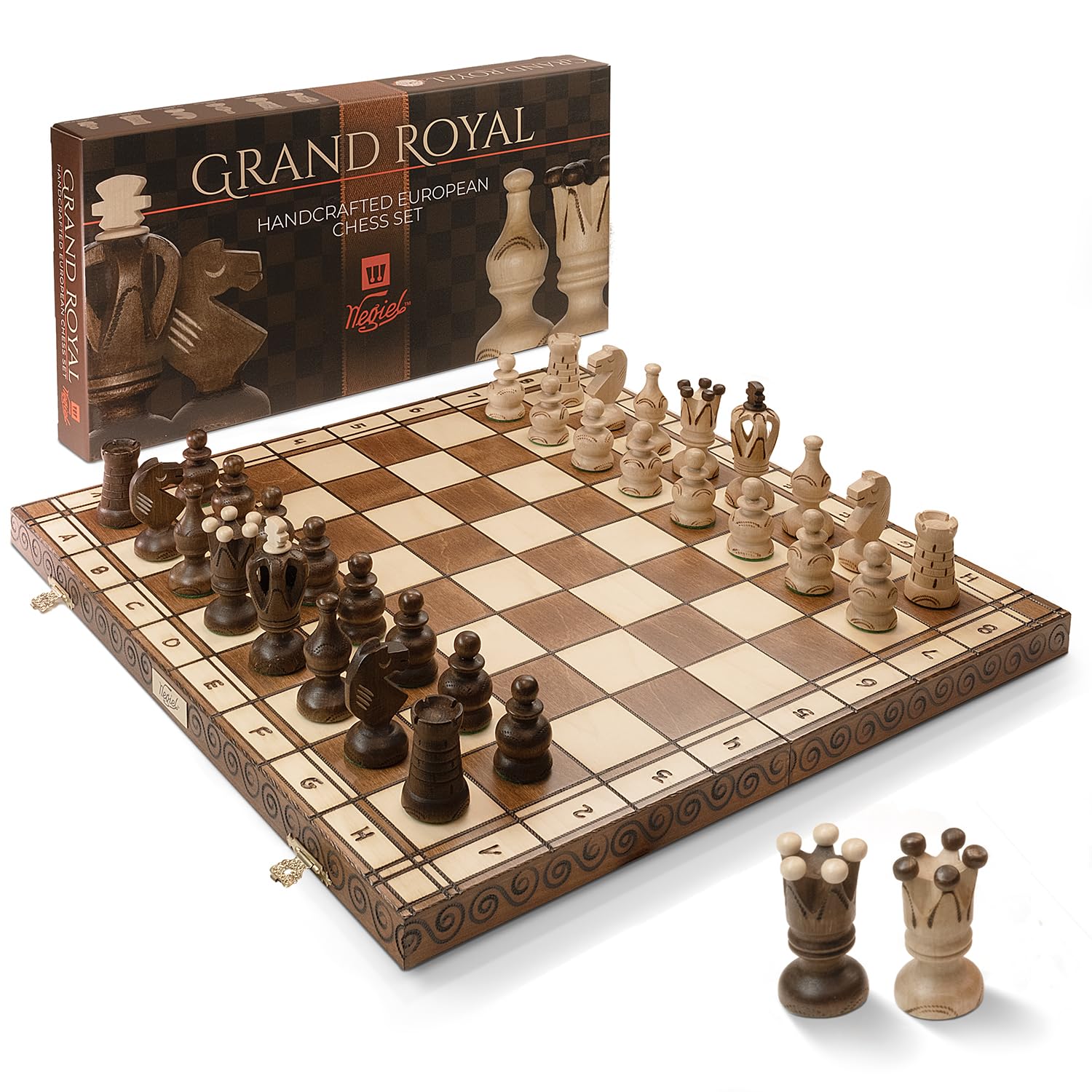 Wegiel Grand Royal Wooden Chess Set for Adults and Kids - 18 Inch Luxury Chess Set, Handcrafted from Premium Beech and Birch Wood - Unique Folding Design with Storage