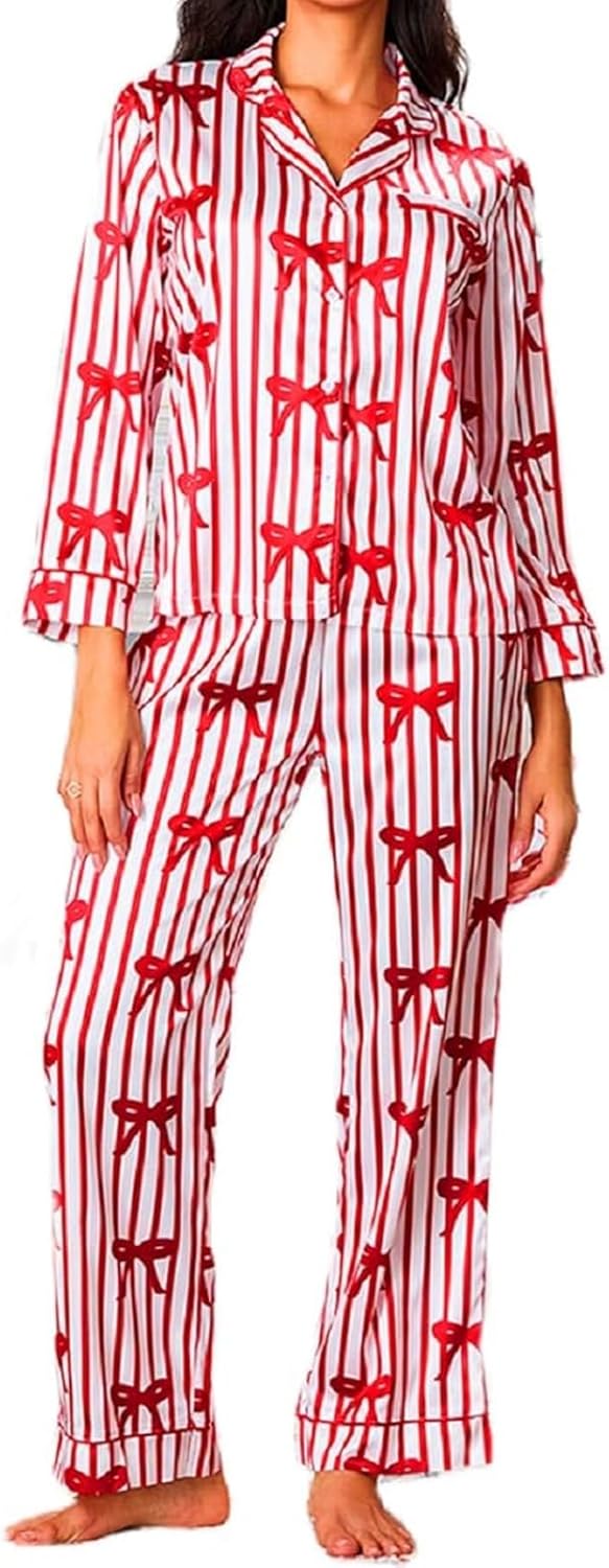Argeousgor Women Cute Christmas Pajama Sets Satin Silk Pajamas Long Sleeve Shirt Wide Leg Pants 2 Piece Pjs