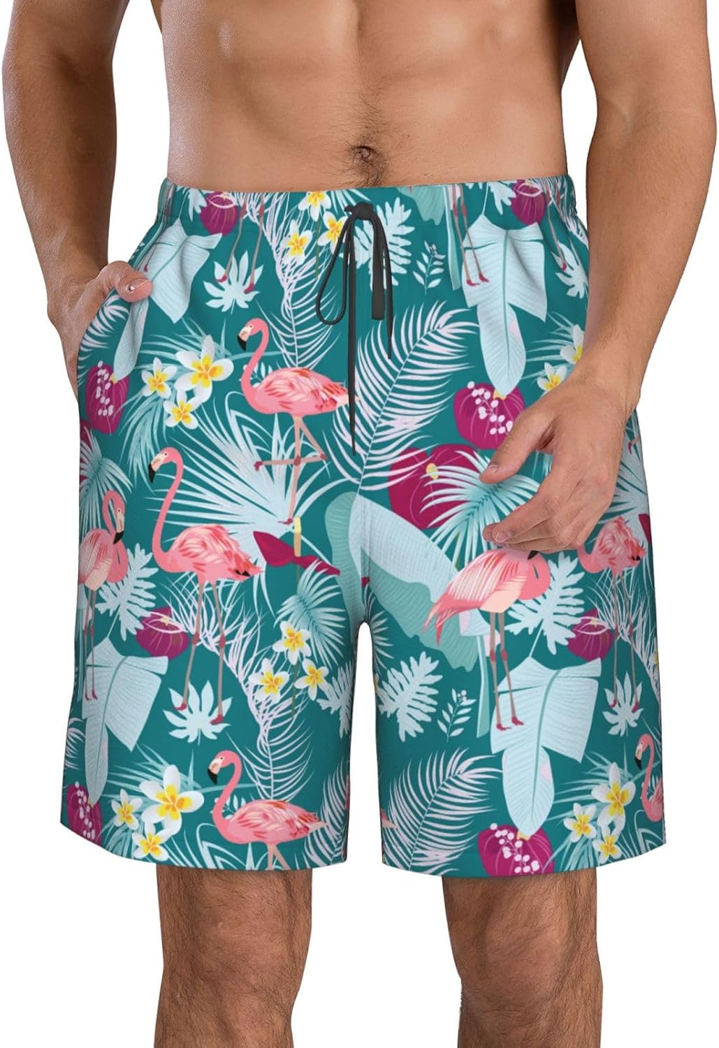 Tropical Flower Flamingo Mens Swim Trunks Quick Dry Beach Shorts Swimwear Bathing Suits with Mesh Lining Pockets
