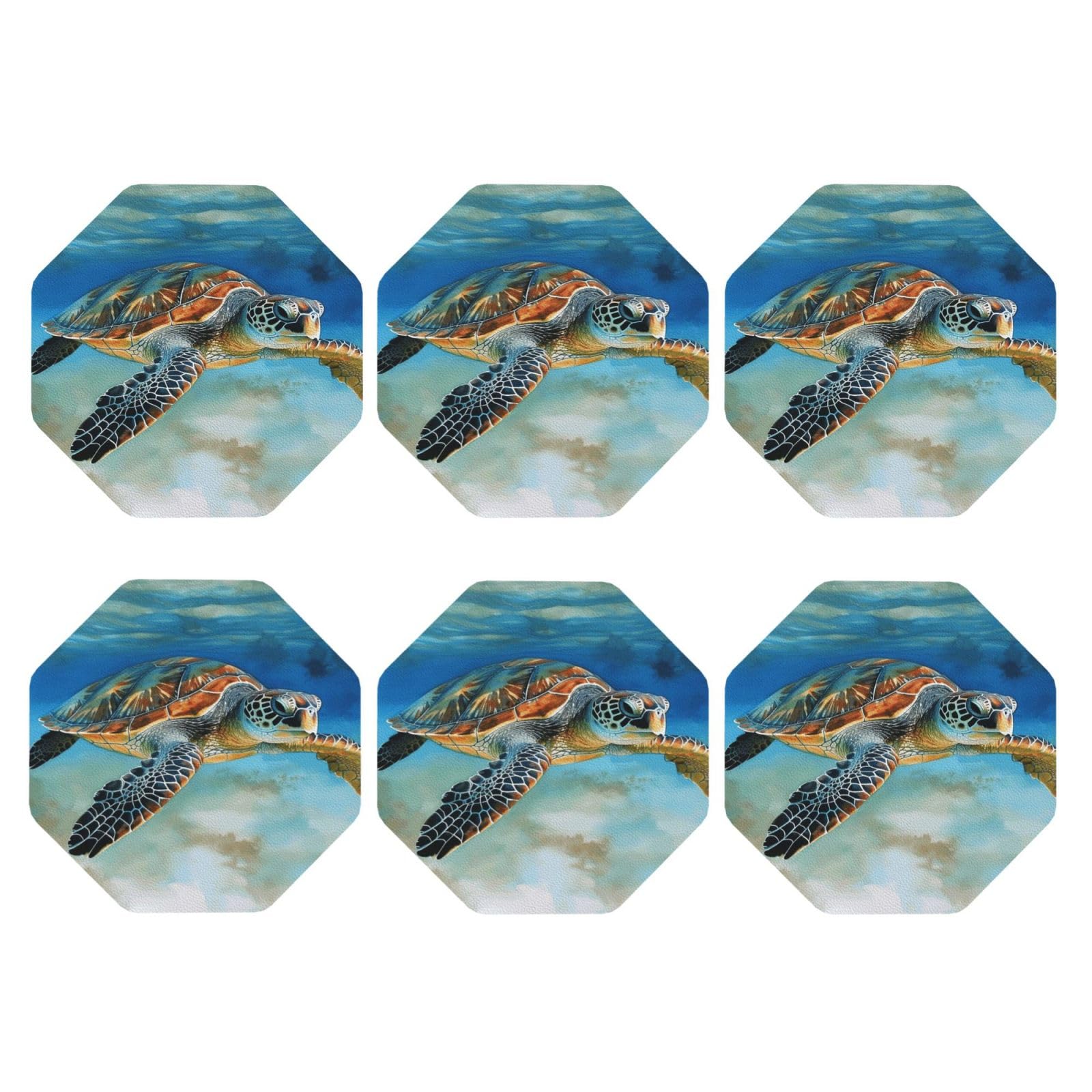 6pcs Leather Coasters for Drinks, Sea Turtle Drink Coasters for Tabletop Protection, 4" Cup Coasters for Coffee Table Decor, Non-Slip Drinking Cup Mat for Hot Or Cold Drink