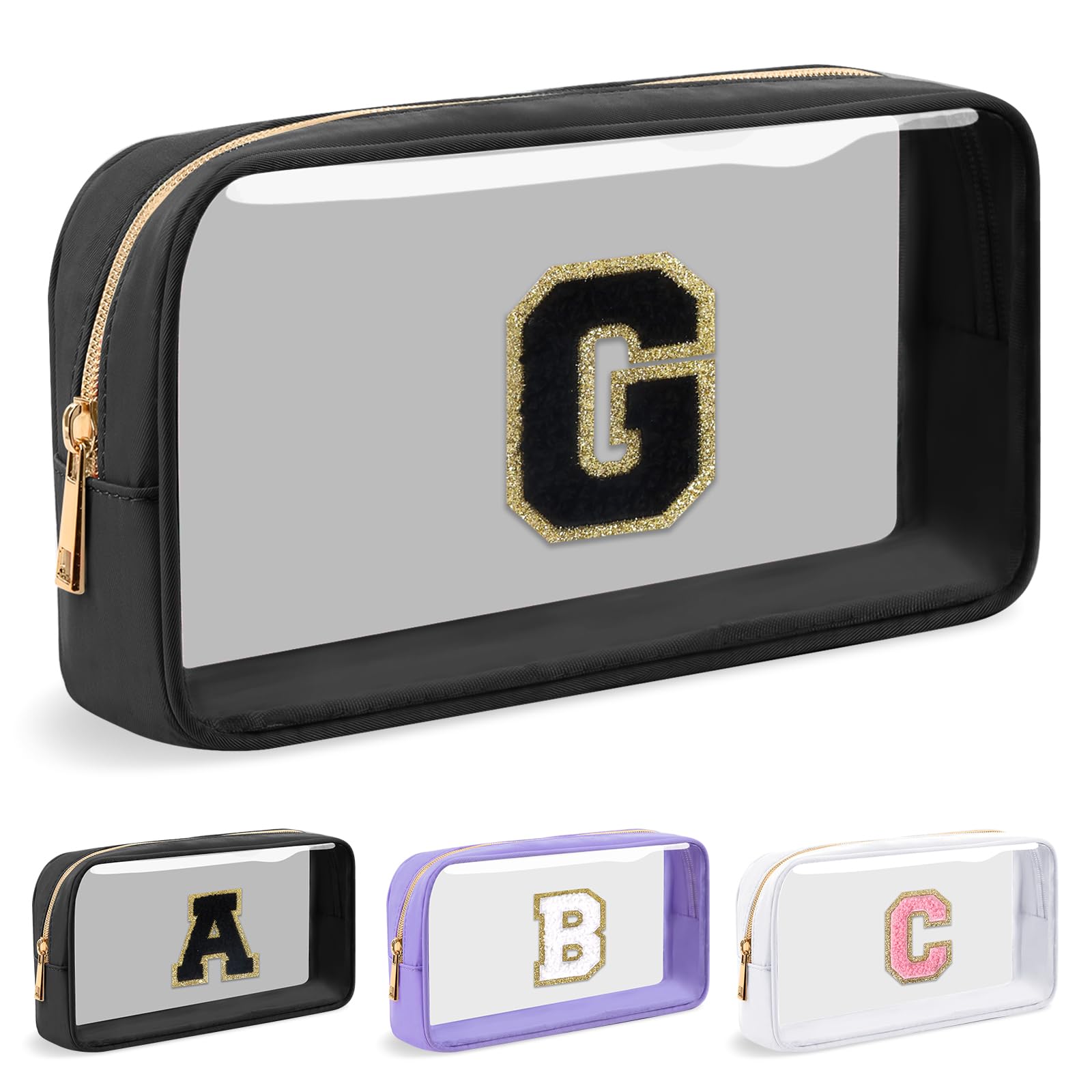 Personalized Initial Letter Clear Makeup Bag,Preppy Small Nylon&PVC  Cosmetic Zipper Bag with Chenille Letter,Travel Skincare Toiletry  Bag,Monogram