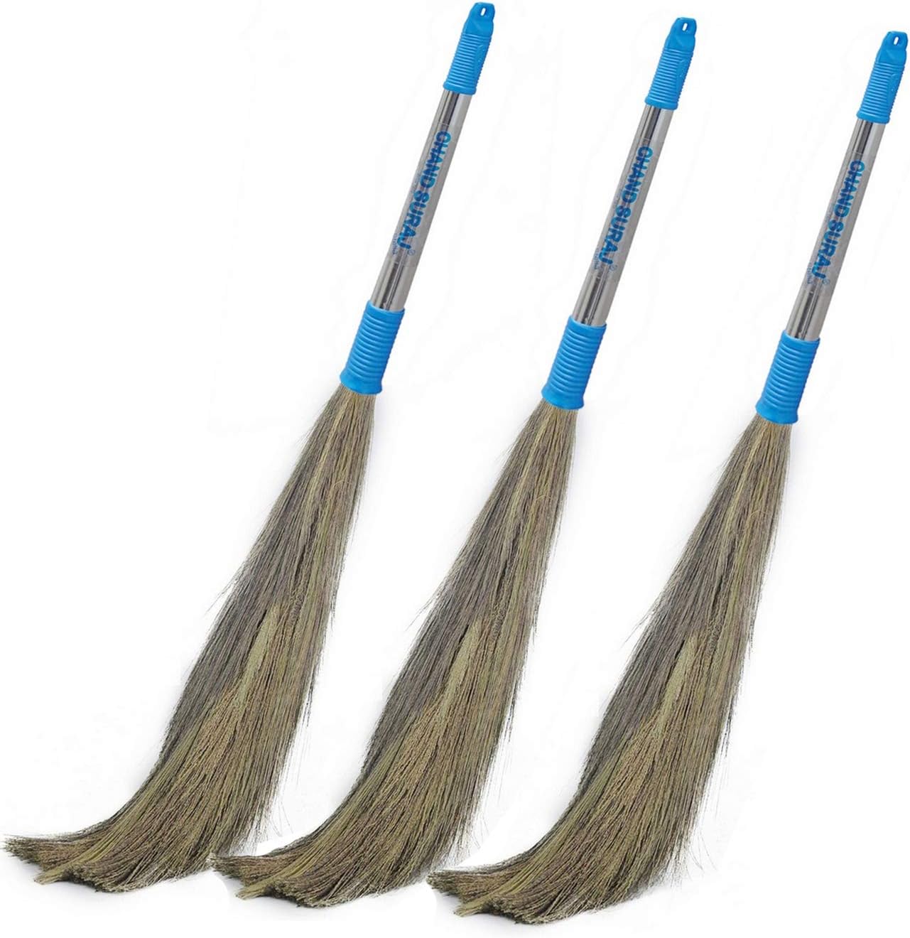 Chand Suraj Natural Grass and Stainless Steel 3 Pcs Pack of Stella Brooms for Floor Cleaning | Multicolour, Full, Hard_Floor, Stainless_Steel & Natural Grass