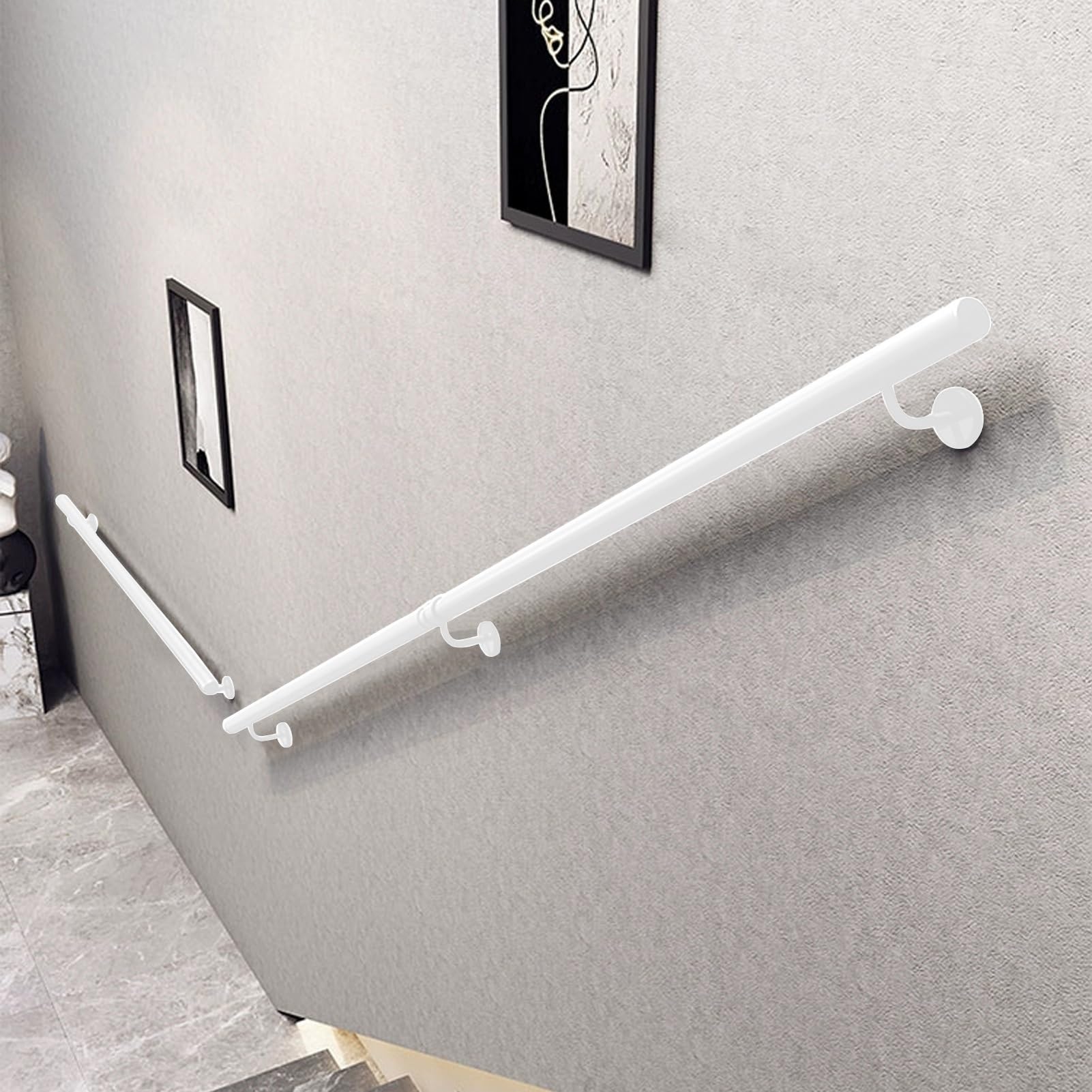 Pasamanos de escalera para interior y exterior, barandilla de escalera de tubo redondo de hierro galvanizado blanco con accesorios, barandilla de pared antideslizante(150cm)