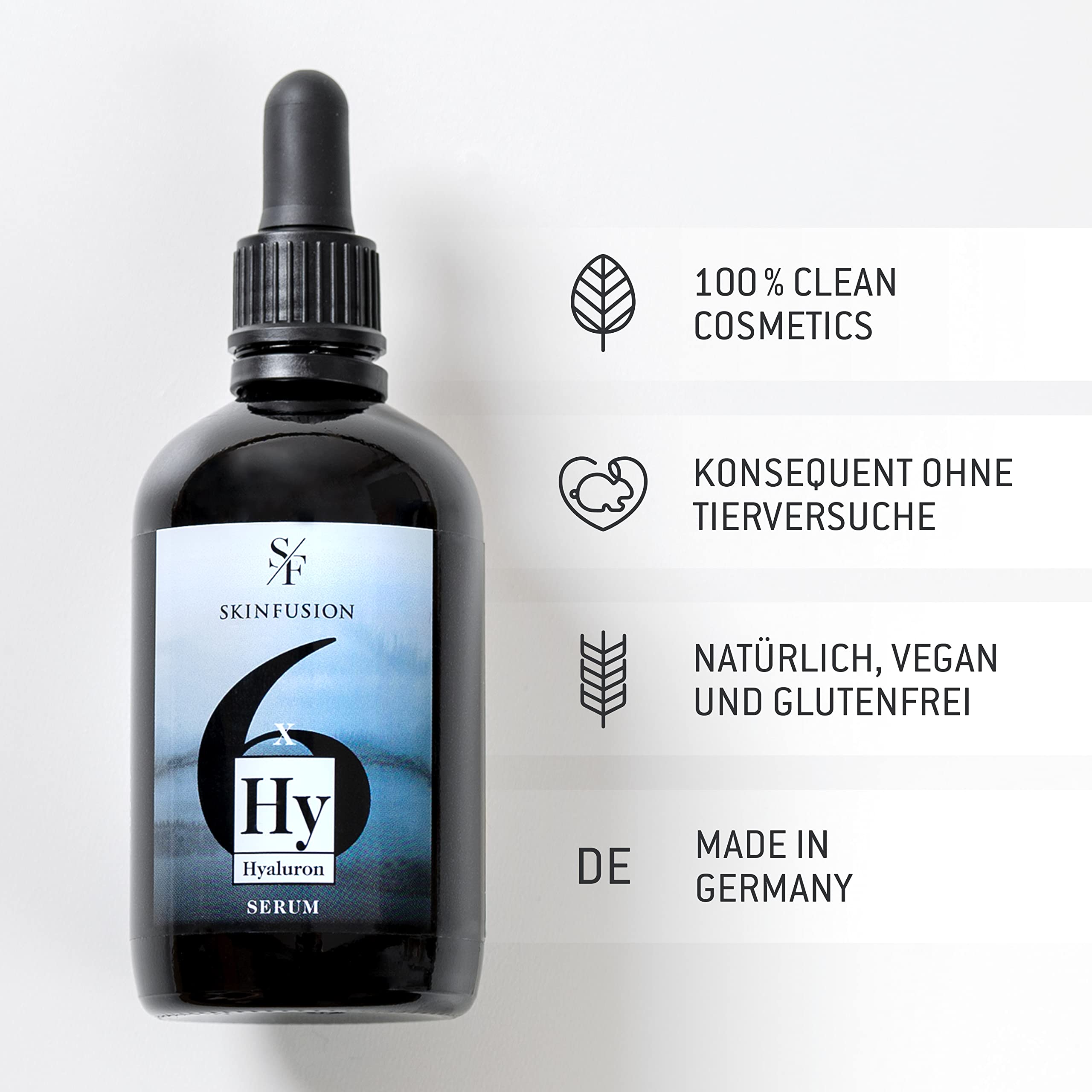 6-Fach Bio Hyaluron Serum hochdosiert 100 ml – veganer Multi-Hyaluronsäure-Komplex mit Booster-Wirkstoffen wie Bio-Glucomannan, Aloe, Urea -cleane Feuchtigkeitspflege, Leistungssieger