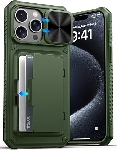Miniatura 40 de ATATOO Funda para iPhone 16 con tarjetero (almacena 3-5 tarjetas) [bloqueo RFID] y funda para cámara deslizante, protección de grado militar, funda