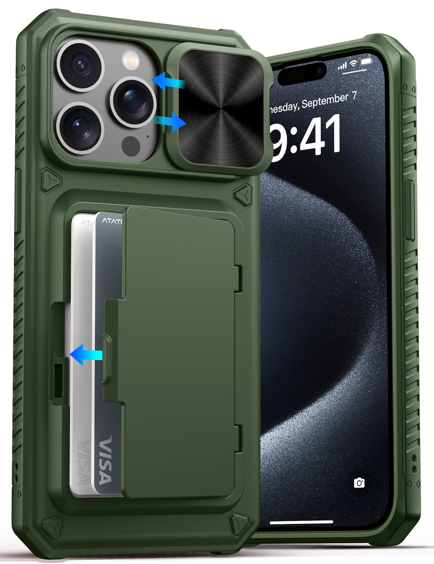 ATATOO for iPhone 15 Pro Max Case Wallet, Card Holder (3-5 Cards), Green