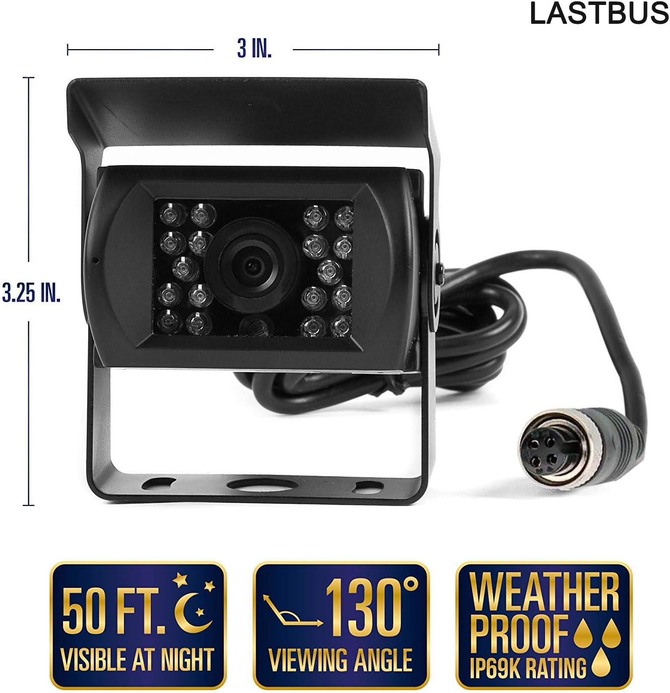 Dimensions, night vision range, viewing angle, and waterproof rating of the LASTBUS backup camera