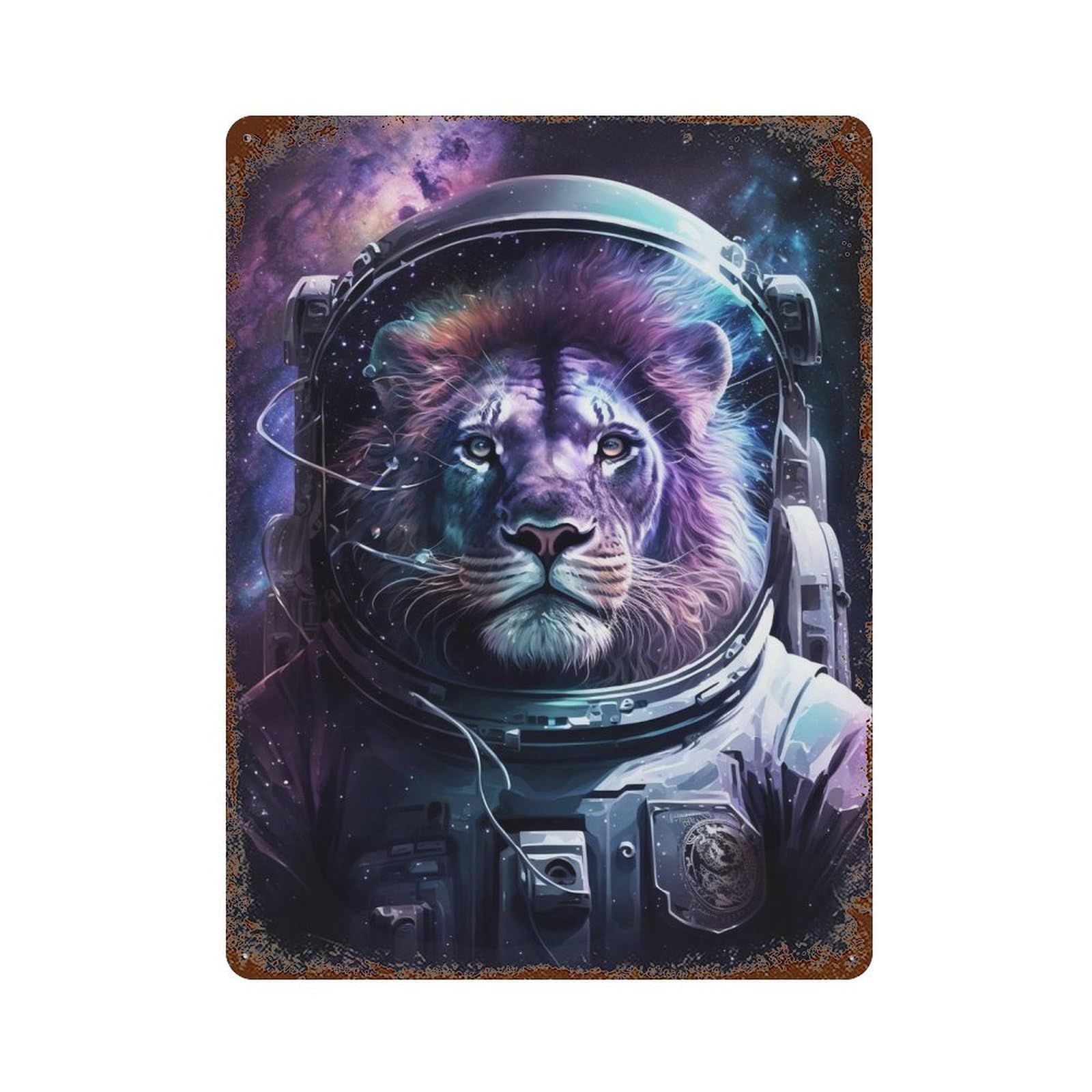 Rust Effect Lion Astronaut in Space -9 Rusty Metal Tin Sign 15.7"x11.8", Decorative Metal Wall Art for Farmhouse, Kitchen And Entryway Decor
