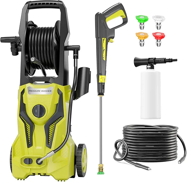 Pressure Washer Power Washer Cleaning Machine with Foam Cannon for Cars Fences Driveways Patios, Light Yellow