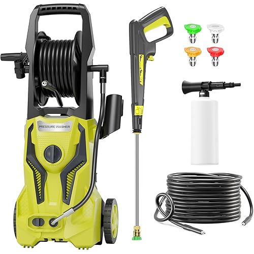 Electric Pressure Washer 3.2GPM Power Washer with 25FT Hose Reel and 4 Nozzles, 5000PSI Max High Pressure Cleaning Machine with Foam Cannon for Cars Fences Driveways Patios, Yellow