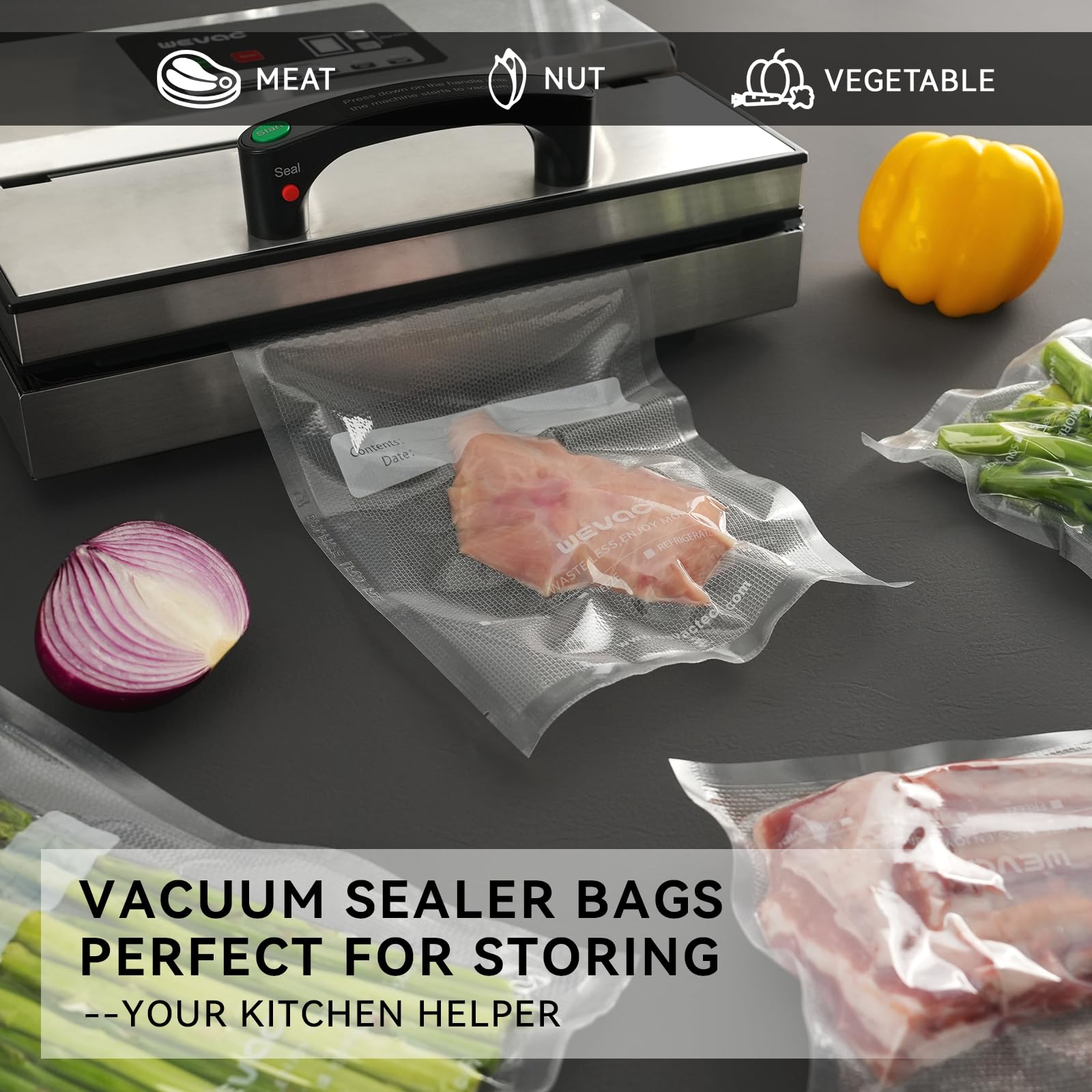 Bolsas precortadas de 8 x 12 pulgadas, 200 unidades, bolsas selladoras al vacío para alimentos, resistentes, ideales para almacenamiento de alimentos, Sous Vide y preparación de comidas, Wevac