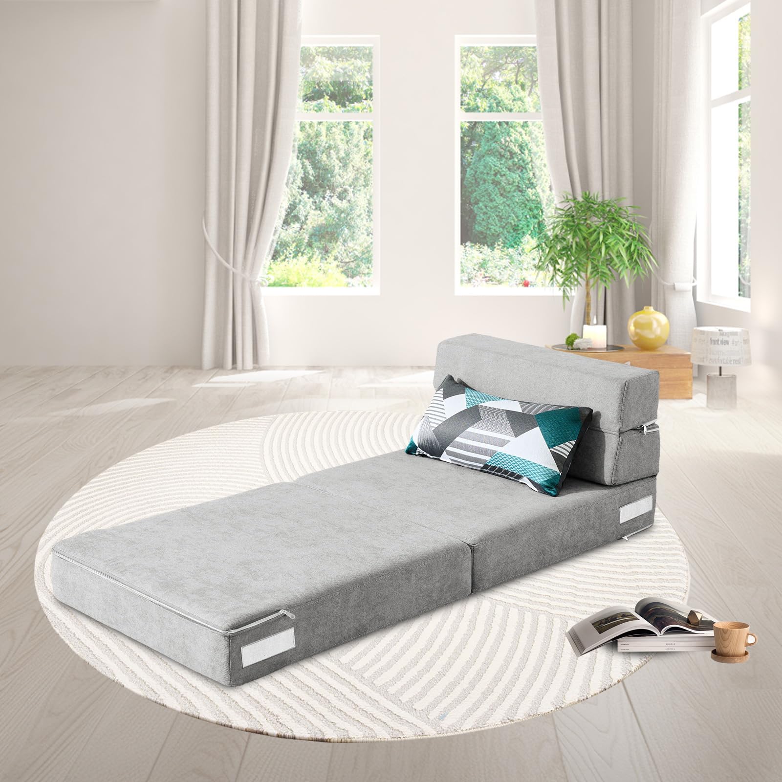 ANONER 70 x 190 cm Divano Pieghevole Futon con Cotone di Memoria e Cuscino, Divano Letto Futon Lavabile Set per Lettura Yoga Ufficio, Grigio Chiaro
