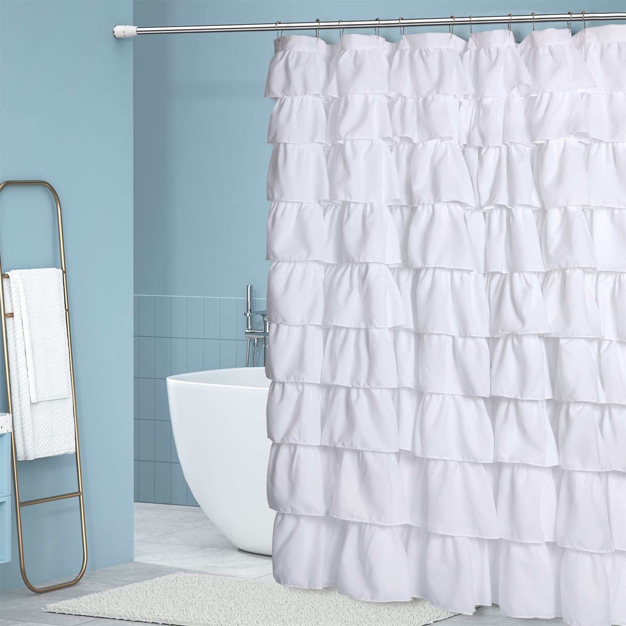 Moslovstar French Rural Style Ruffle Shower Curtain Cottage Rustic Textured White Ruffled Bath Curtain Machine Wash, 72" W x 72" L