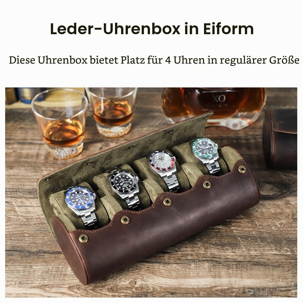 Hiram Uhrenkoffer-Rolle, Echtes Leder Uhren Aufbewahrungsbox 4 Uhren Reiseetui mit abnehmbarem Kissen Tragbarer Uhren-Schutz-Organisator