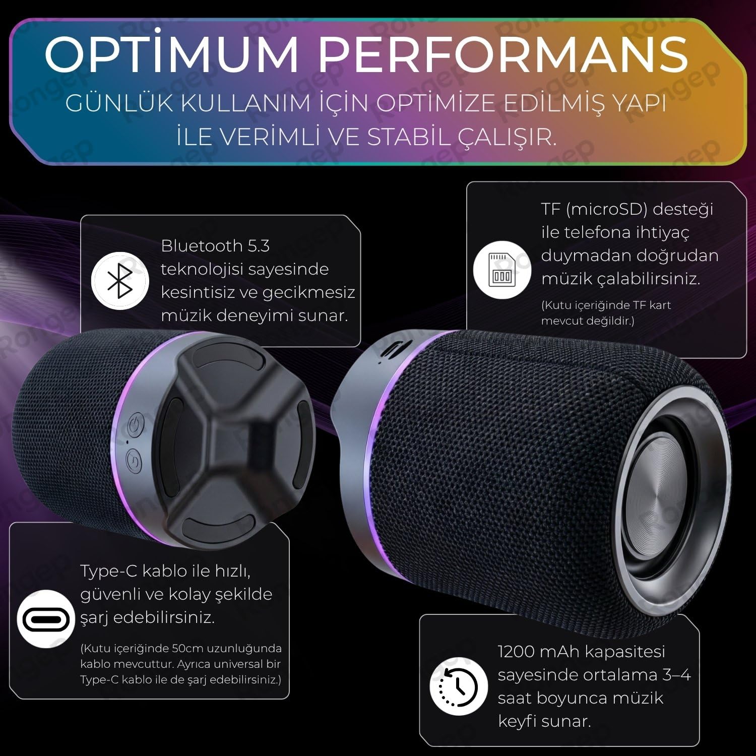 Rongep Taşınabilir Bluetooth Hoparlör Sound-Twin 10W TWS Stereo [Manyetik Özellikli] İki Parçaya Ayrılabilen RGB Işıklı IPX6 Suya Dayanıklı Type-C Şarjlı Kablosuz Speaker (Siyah)