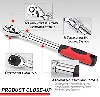 Vista 3 de Trinquete Extensible de 1/2 Pulgada, Llave de Vaso Duradera con Mango Largo de 72 Dientes de Liberación Rápida Reversible, Herramienta Manual