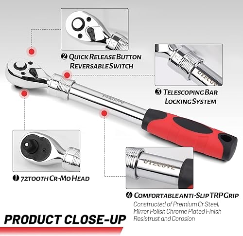 Miniatura 3 de Llave de trinquete de 12 pulgada, llave de trinquete de 12, llave de enchufe, cabeza Cr-Mo reversible de liberación rápida de 72 dientes, fabricada